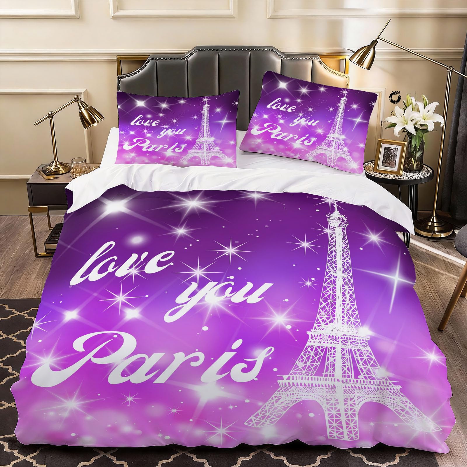 3D Girl Eiffel Tower Duvet Cover Chic and Romantic Paris Bedding Double Bed Set, Soft Microfiber Comforter Cover Printed with Zipper Closure Quilt Coverr 200x200 cm and 2 Pillowcases