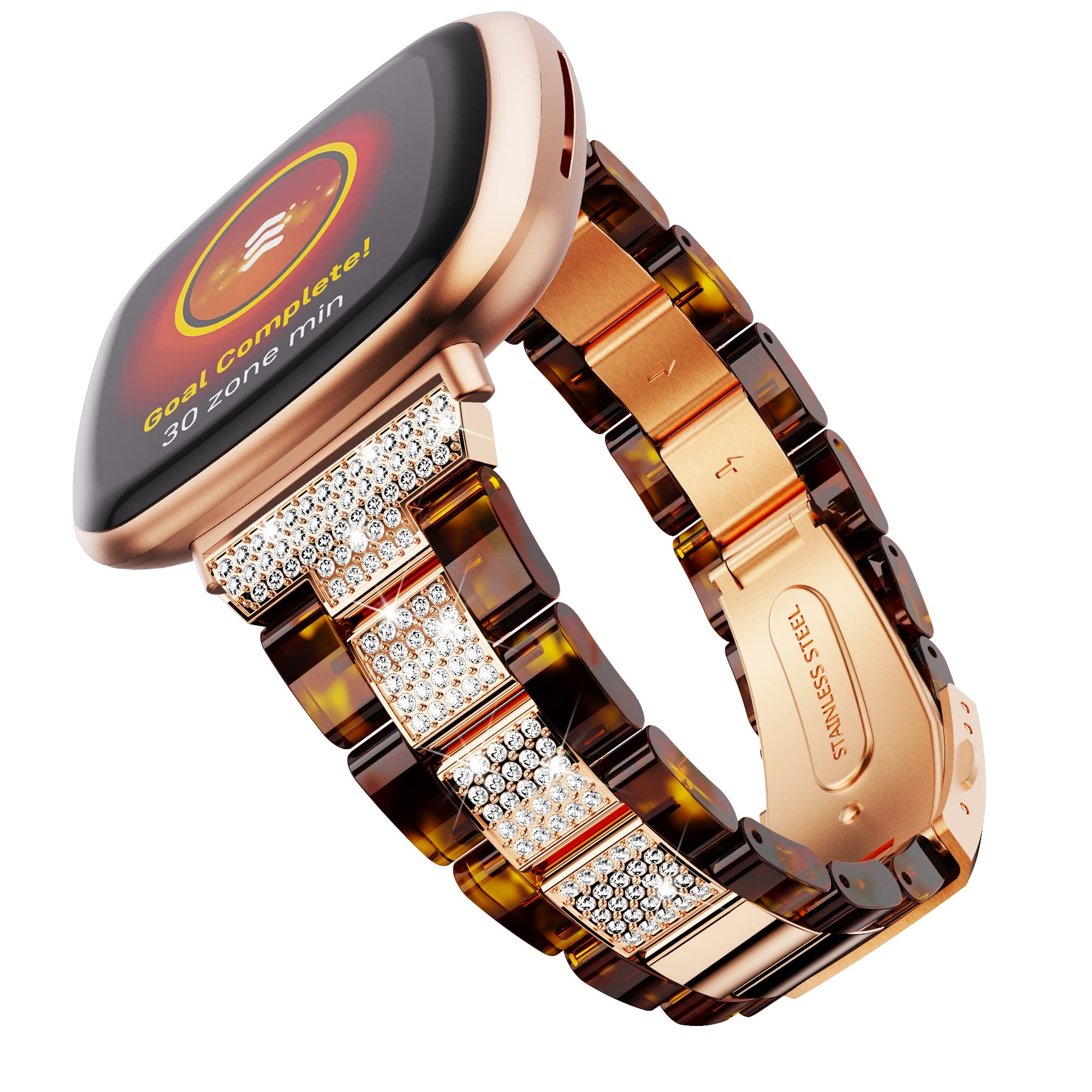 LOBAMPA Compatible with Fitbit Versa 3/Fitbit Sense Bands Women, Bling Diamonds Stainless Steel Resin Watch Band Bracelet Replacement Strap for Fitbit