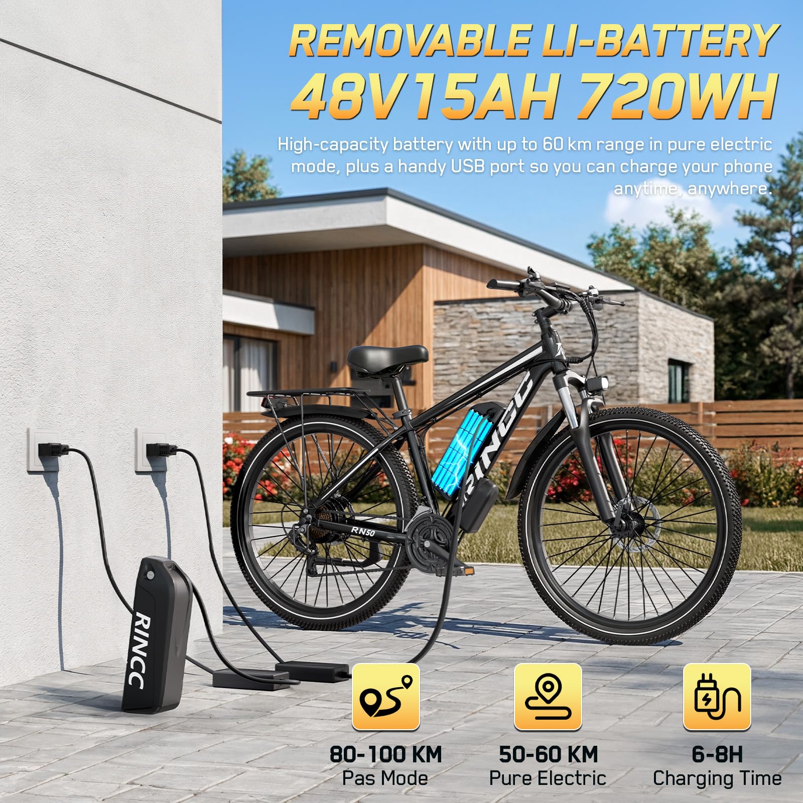RINCC Bici Elettrica Uomo RN50, 29" Bicicletta Elettrica per Adulti 48V 15Ah Batteria con 21 Velocità con Display LCD a colori, Autonomia fino a 100 km,Motore 250W,APP,Telaio in lega di Alluminio
