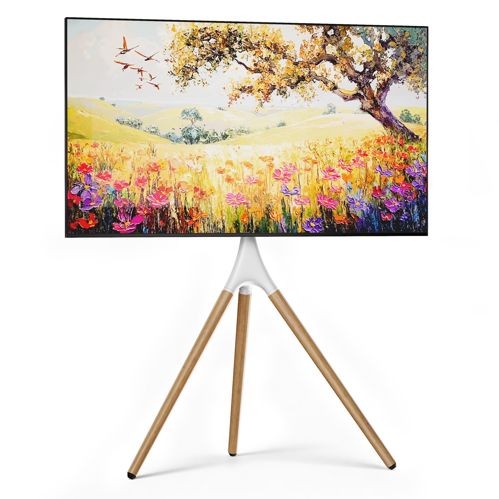 Photo 1 of ECOTINY Artistic Easel TV Stand for 43-65 Inch TVs, 180° Swivel Tripod TV Stand up to 88 lbs, Floor TV Mount with Cable Management for Bedroom, Living Room and Corner, Max VESA 600x400mm, White