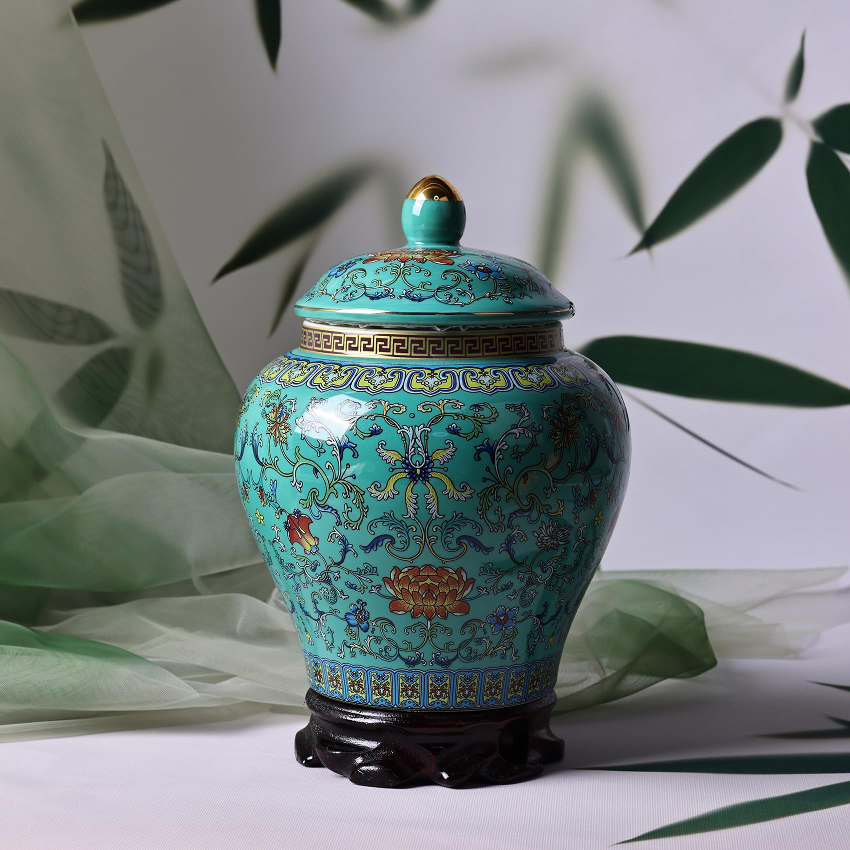 Handgefertigtes Emaille-Ingwergefäß - Lebhaft gefärbte Chinoiserie-Vase, blau-weiße Porzellan-Keramik-Dekorgefäß mit Deckel für Heimdekoration und Aufbewahrung (General Green)