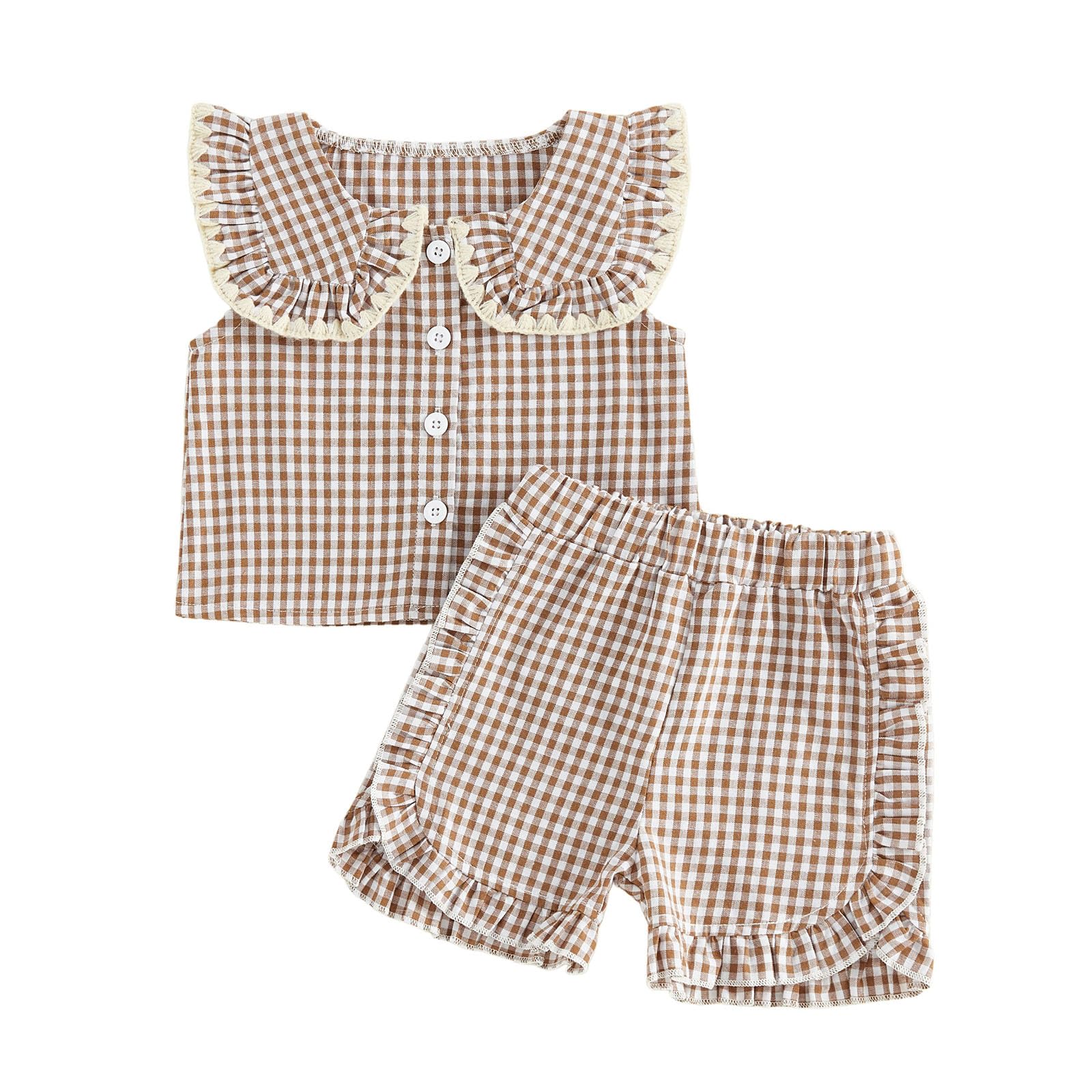 Toddler Baby Girl Summer Clothes Infant Girl Plaid Outfit Strawberry Ruffle Gingham Shirts Dress Tank Top Shorts Set — view 43