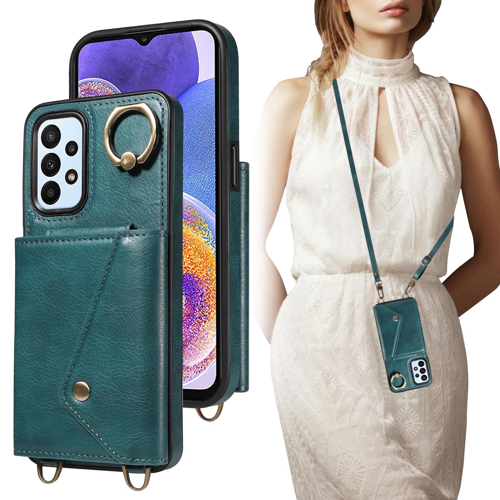 YIRRANZD Crossbody Wallet Case for Samsung Galaxy A23 5G/4G / M13 4G / M23 5G with Card Holder, Leather Case with Long Shoulder Strap, Purse Flip Cover for Samsung A23 / M13 4G / M23 5G (Green)