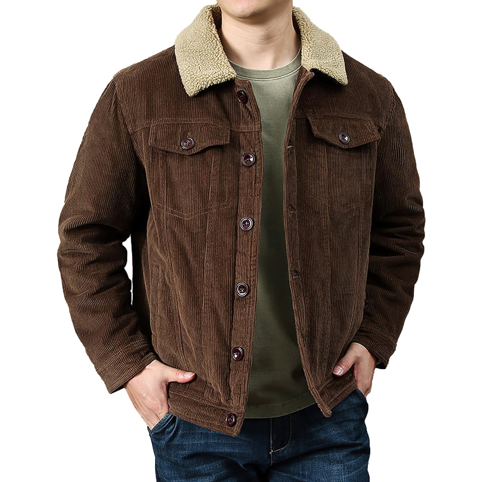 rismart Hombre Chaqueta Pana Forrado de Sherpa Camionero Botón Hacia Abajo Cuello Solapa Invierno Cálido Abrigo