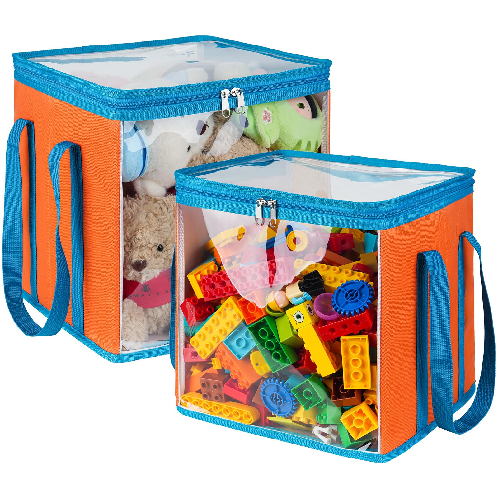 2 Pack Large Toy Storage Bins with Transparent Lids & Handle, Clear Foldable PVC Cube Organizer Boxes for Magnetic Tiles, Dolls, Clothes, Books