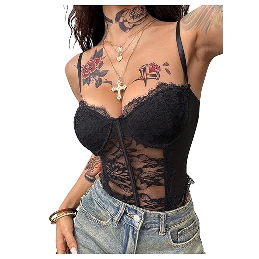 Milumia Women's Floral Lace Spaghetti Strap Sheer Mesh Corset Top Sleeveless Cami Bodysuit Tops