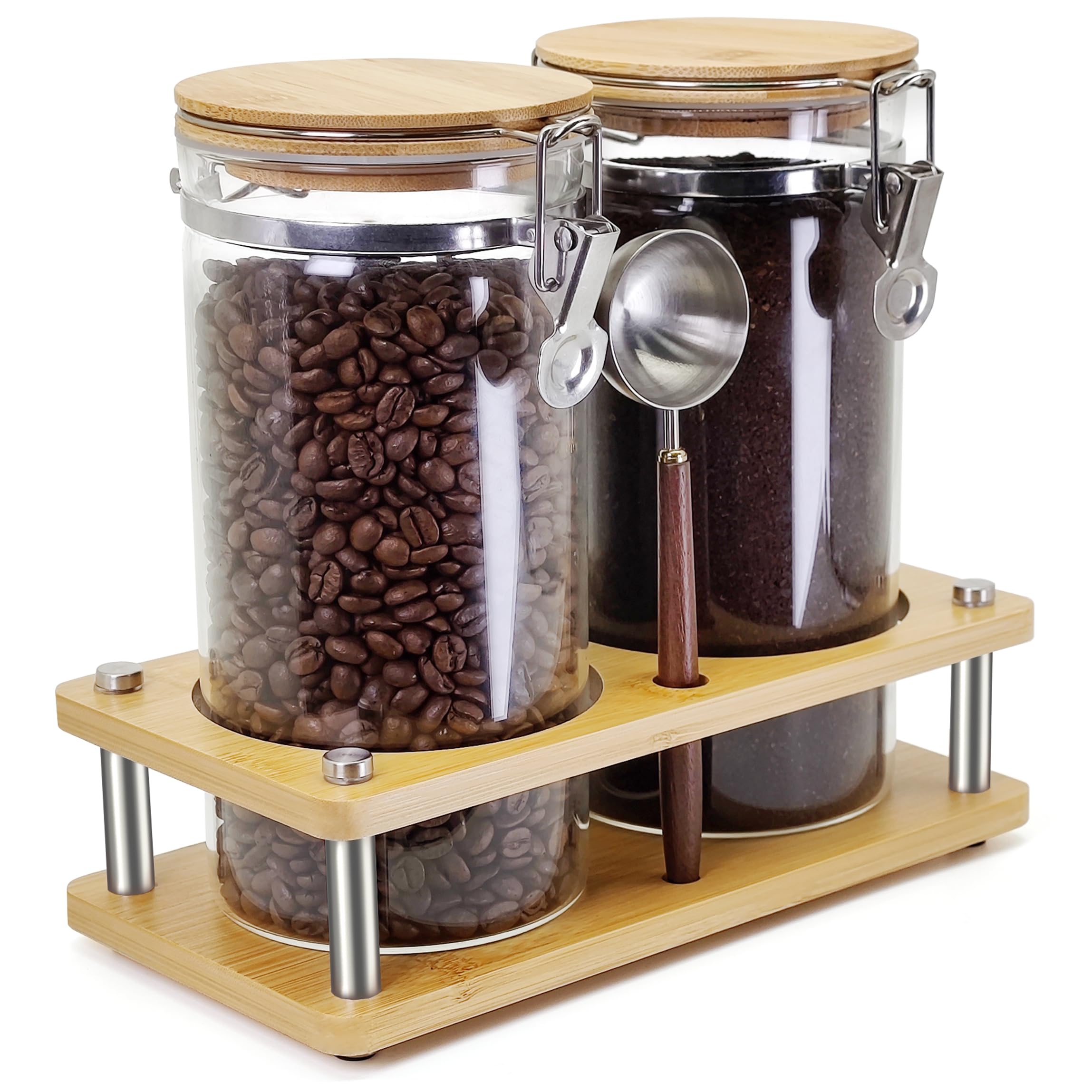 Recipientes de café de vidrio con estante, 2 botes de café de vidrio de 45 onzas con abrazadera de bloqueo hermética, tarros de almacenamiento de alimentos de vidrio con cuchara de acero