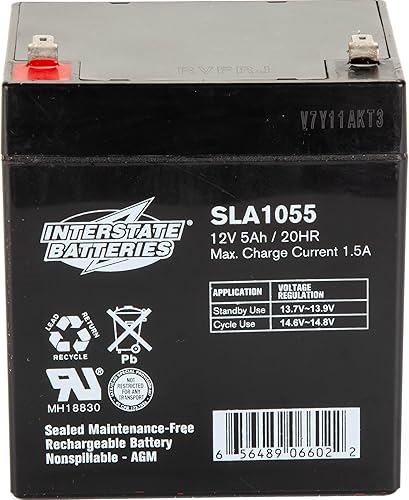 Interstate Batteries Batería de 12 V 5 Ah (SLA1055) - Batería de repuesto SLAAGM para sistemas de alarma, seguridad, abridores de puerta de garaje