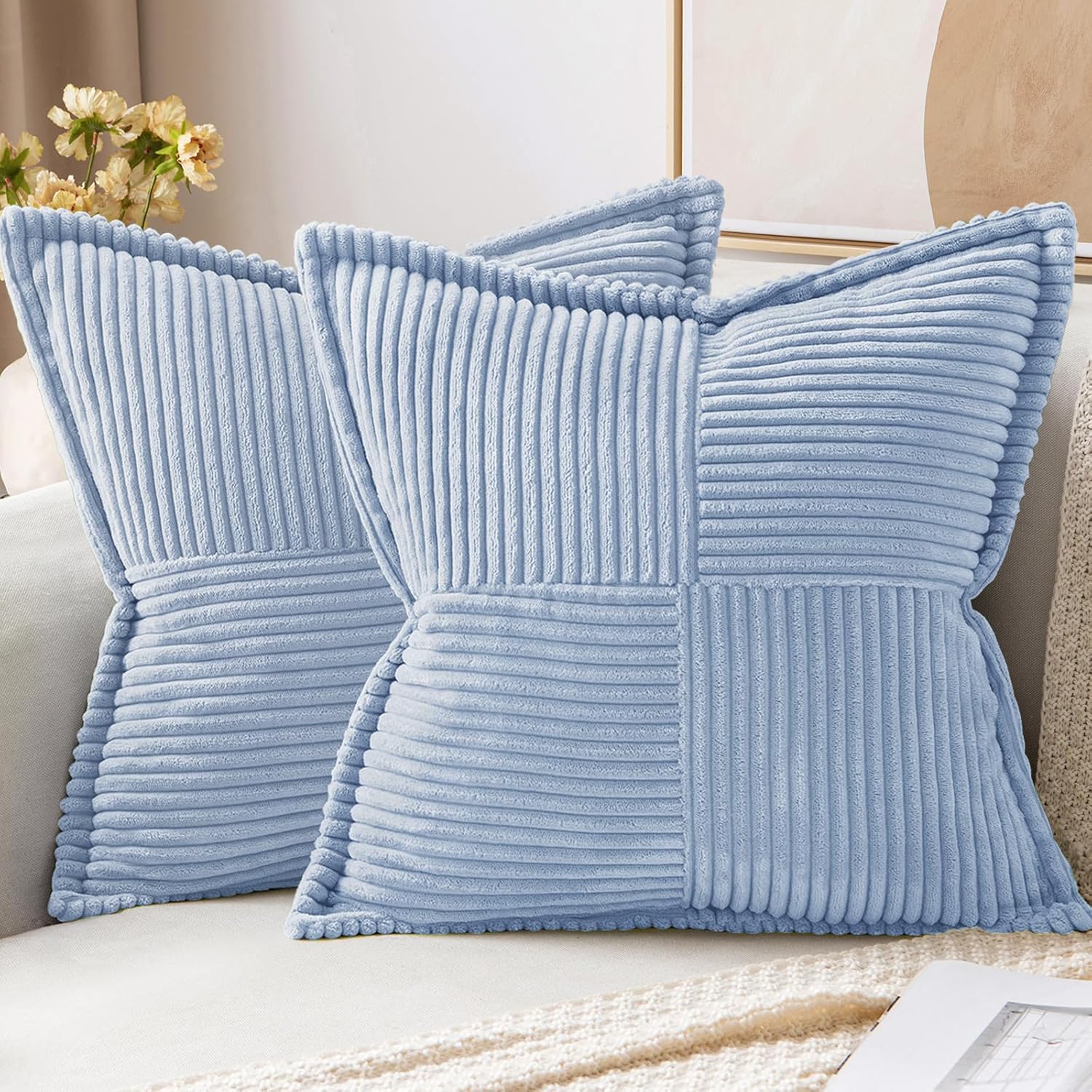 MIULEE Decorative Throw Pillow Covers for Couch Bed Livingroom 18x18 Inch Set of 2 Baby Blue Boho Accent Throw Pllows Broadside Striped Patchwork Soft Corduroy Pillowcases 18" x 18" (Pack of 2) Baby Blue