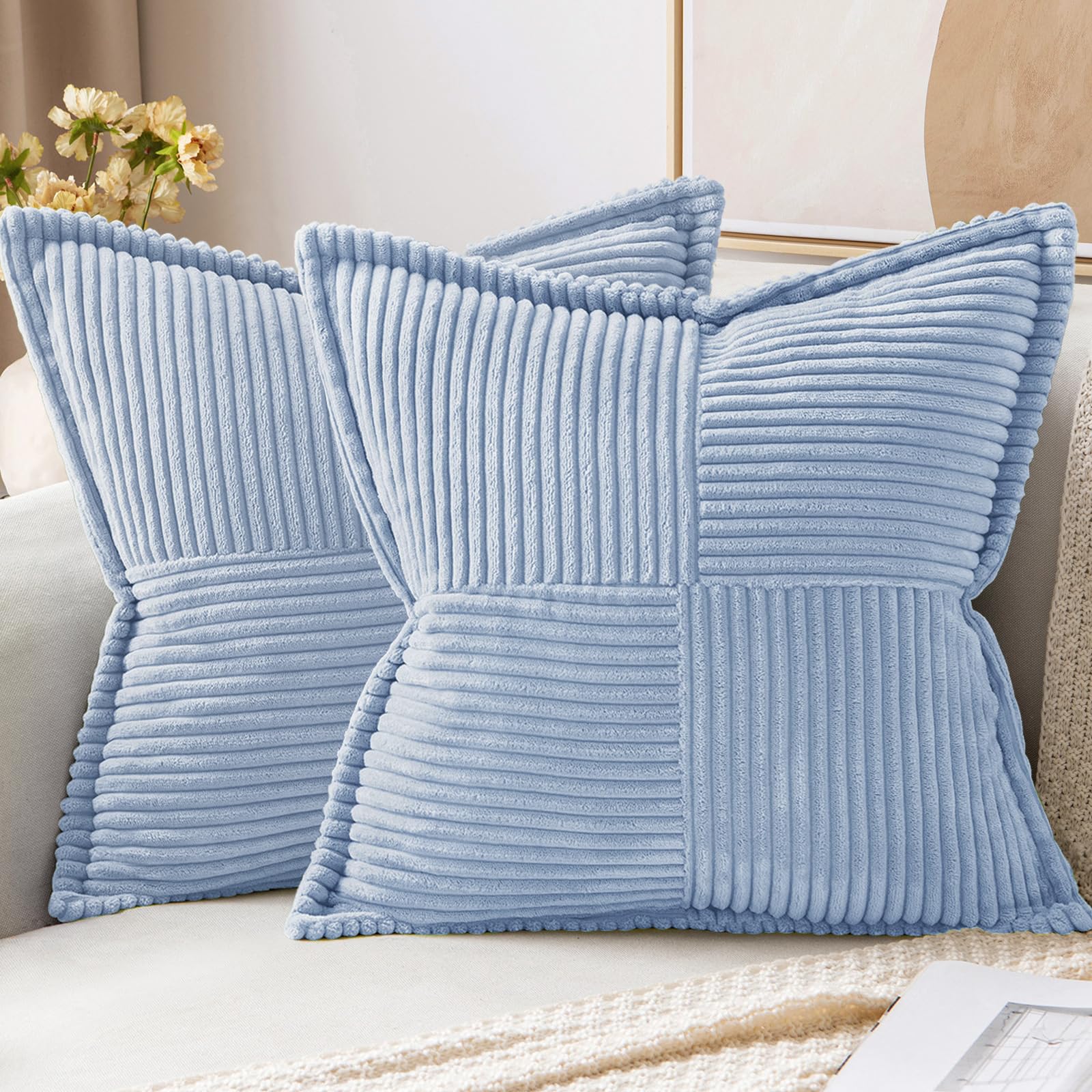 MIULEE Decorative Throw Pillow Covers for Couch Bed Livingroom 20x20 Inch Set of 2 Light Blue Boho Accent Throw Pllows Broadside Striped Patchwork Soft Corduroy Pillowcases