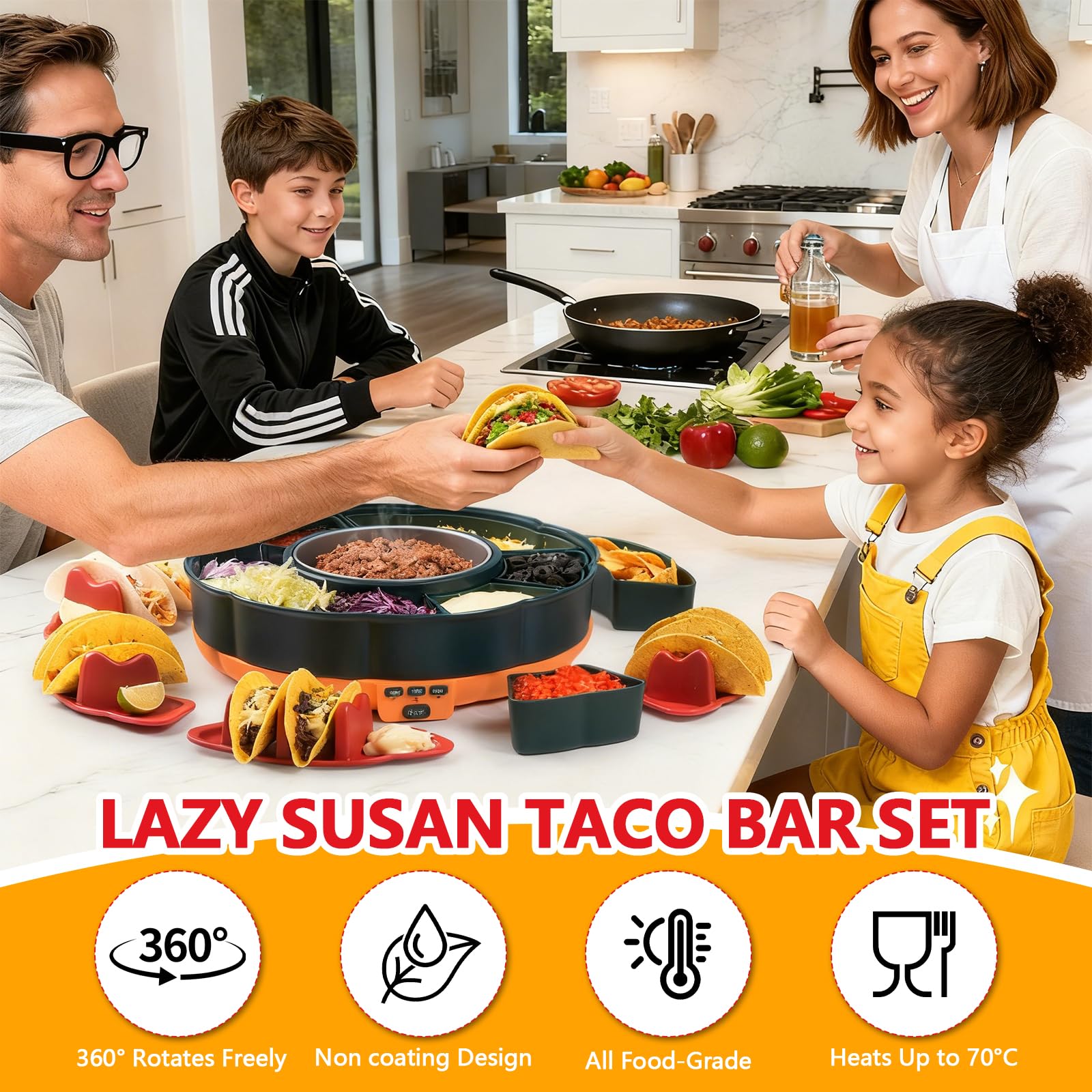 Set Taco Tuesday, Service à Tacos et Fondue au Chocolat avec Chauffe-Plat 1 L, 3 températures, 4 Supports et Plateau tournant, Parfait pour soirées familiales et Desserts