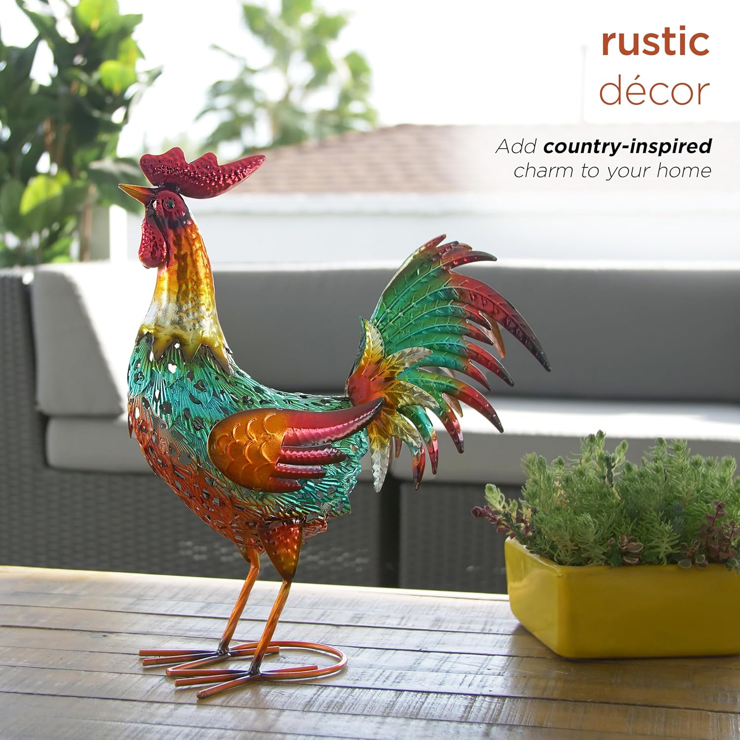 Alpine Corporation 16" Tall Outdoor Metal Standing Rooster Statue with Vibrant Design, Garden Decor, Metallic Red