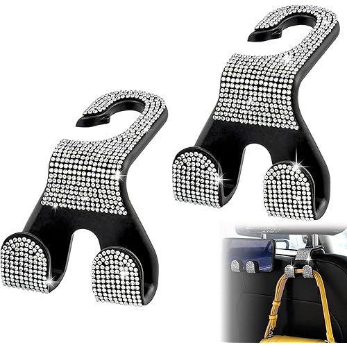 MTGOCHA Car Headrest Hooks Bling, 2 in 1 Purse Hook for Car Seat Hooks Rhinestone Purse Hangers Holder Universal Bag Hooks Bling Car Accessories for Women 2pcs, White Bling