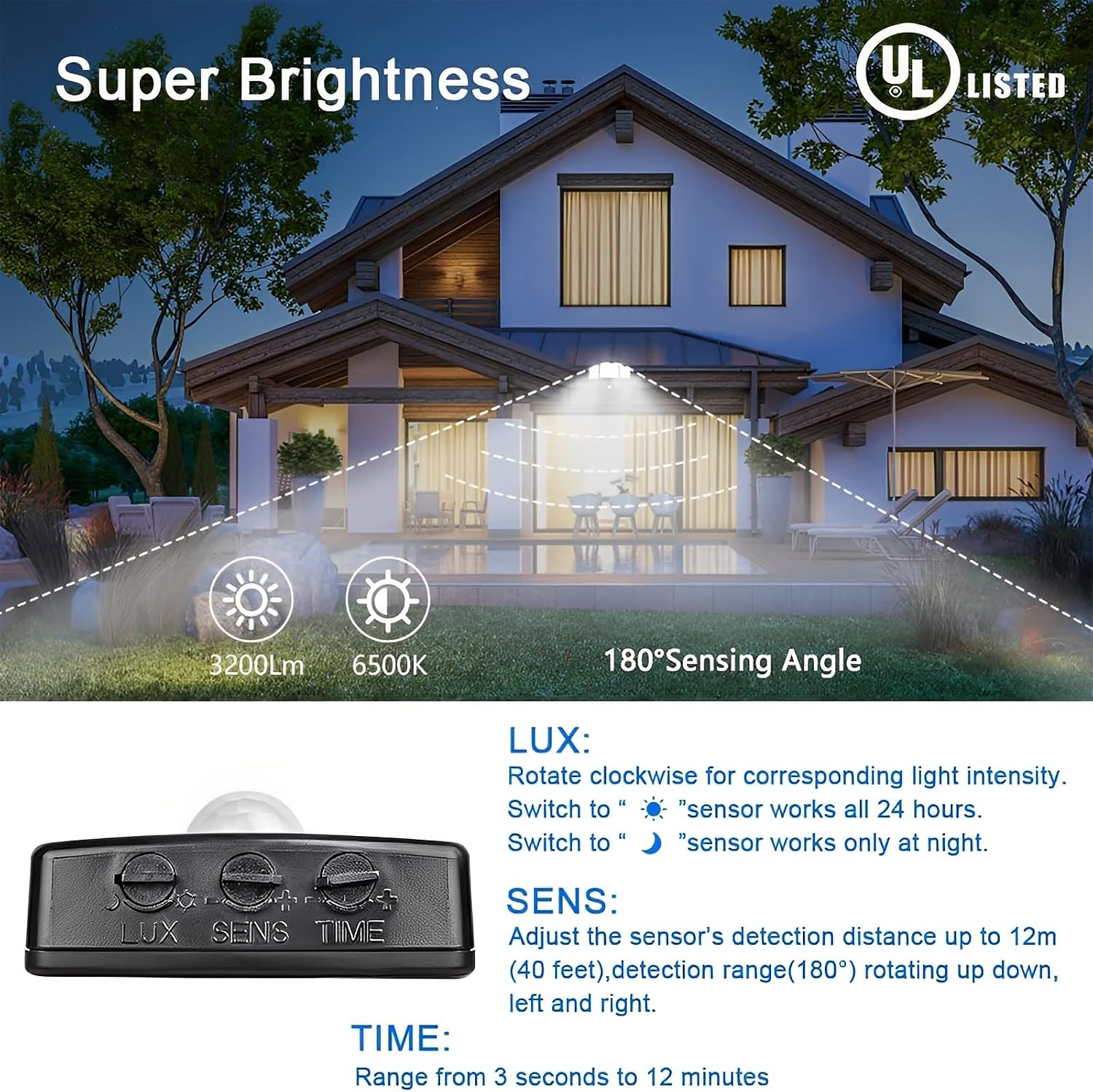 DLLT 35W Plug in Motion Sensor Light Outdoor, LED Motion Security Lights with 3 Adjustable Heads, IP65 Waterproof Exterior Detected Flood Light for Garage, Yard, Porch, Patio, 6500k, (Black)