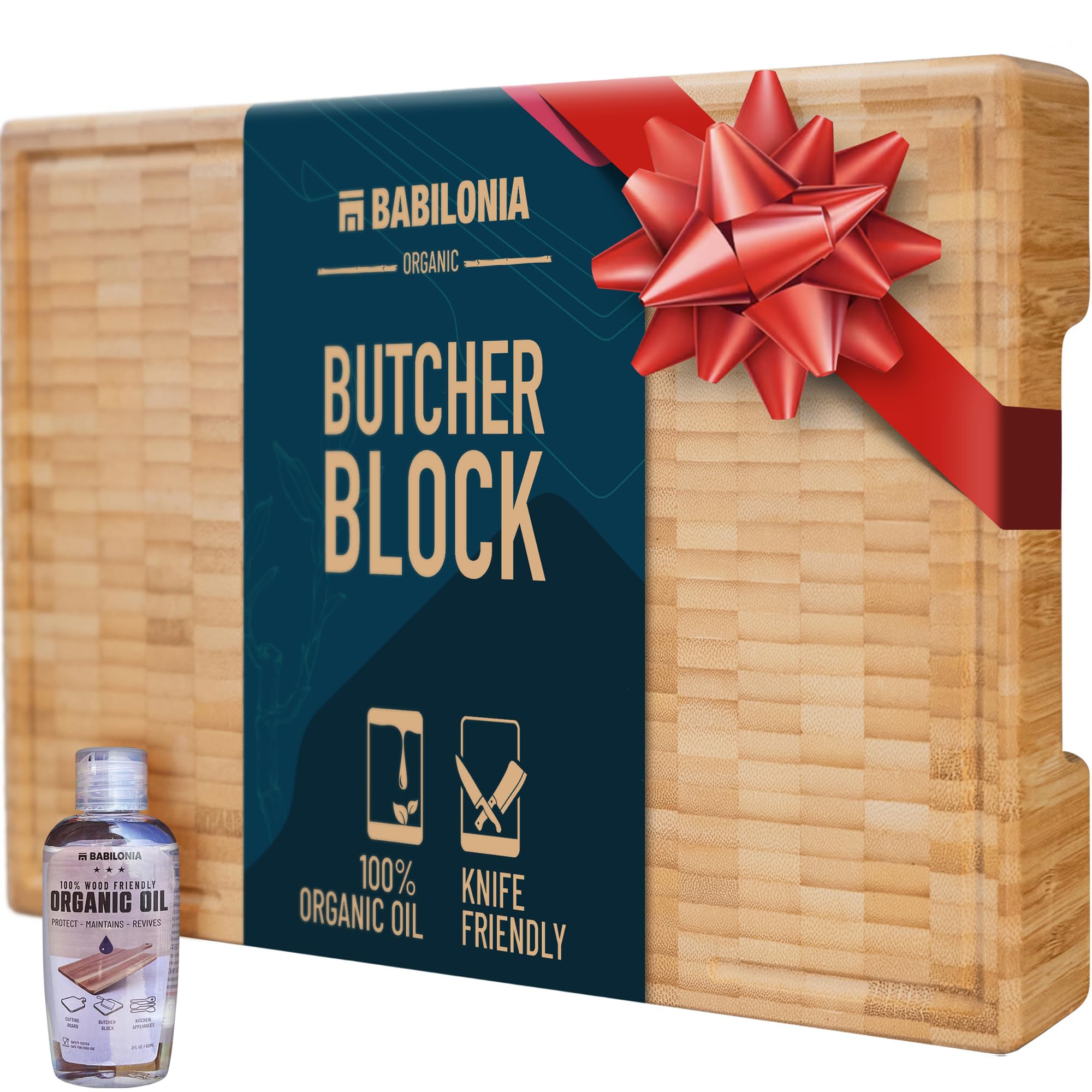 BABILONIA Bamboo wood cutting board organizer for kitchen 1,7'' butcher chopping block, Heavy End grain wooden, Chopping boards for meat charcuterie cheese serving tray with containers, juice groove