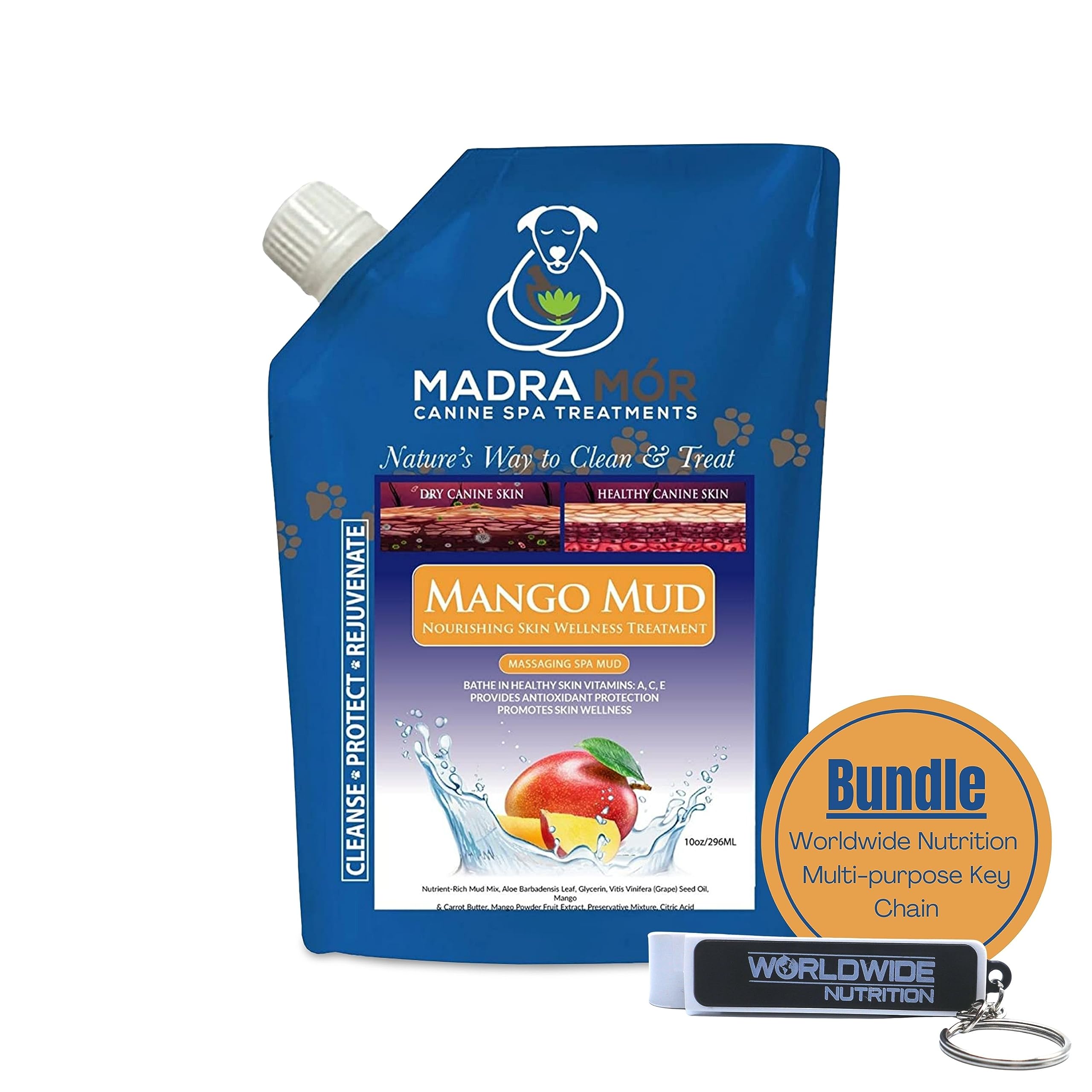Worldwide Nutrition Bundle: Madra Mor Mango Mud - Dog Essentials Mud Bath, Dog Grooming, Dry Skin for Dogs Treatment, Dog Coat Skin Care Products - 10oz Pouch &amp; Multi-Purpose Key Chain