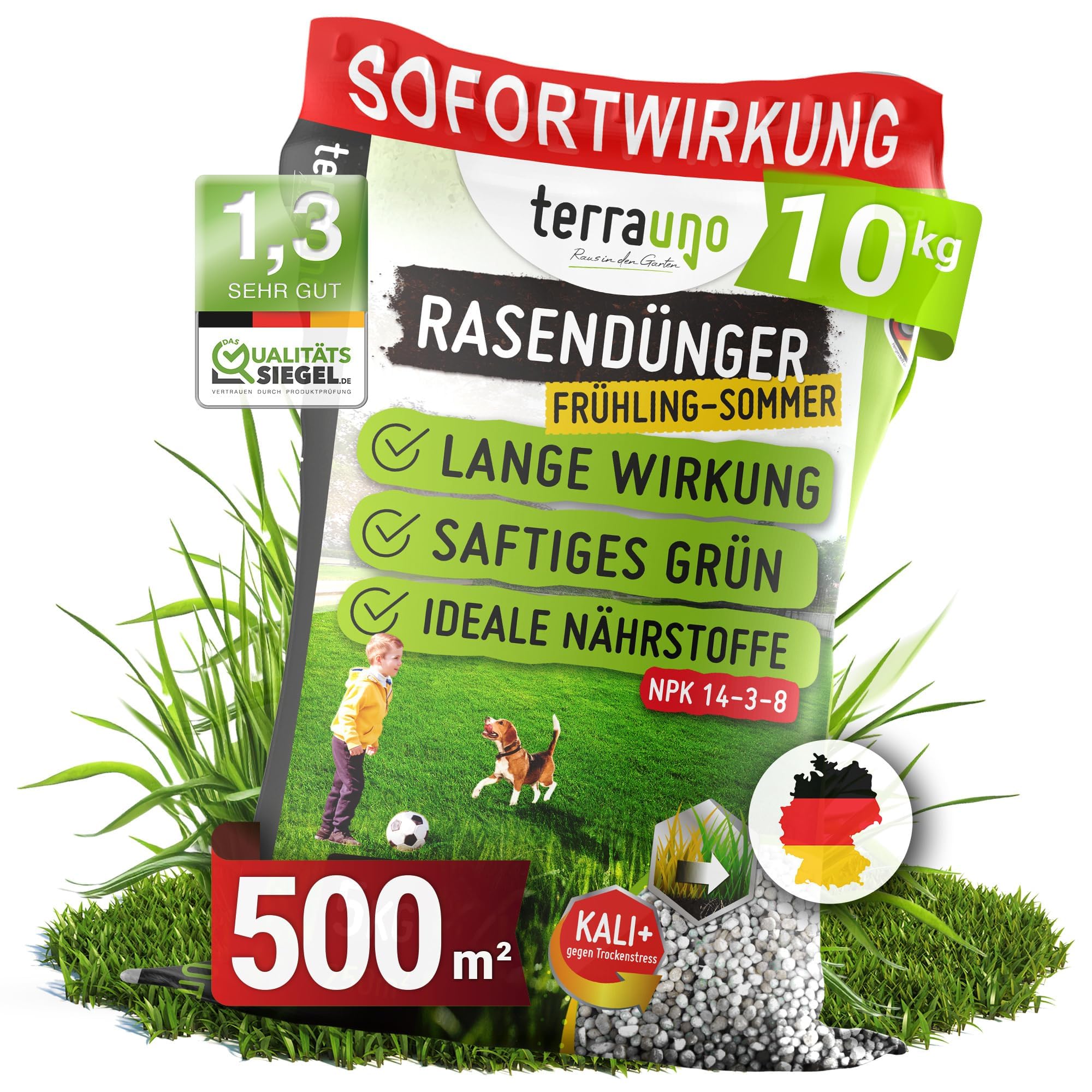 TerraUno Rasendünger Frühjahr/Sommer I Sofortwirkung für saftiges grün I gesunder Rasen verdrängt Moos und Unkraut I NPK Dünger Rasen I Gegen Trockenstress I Für den Streuwagen