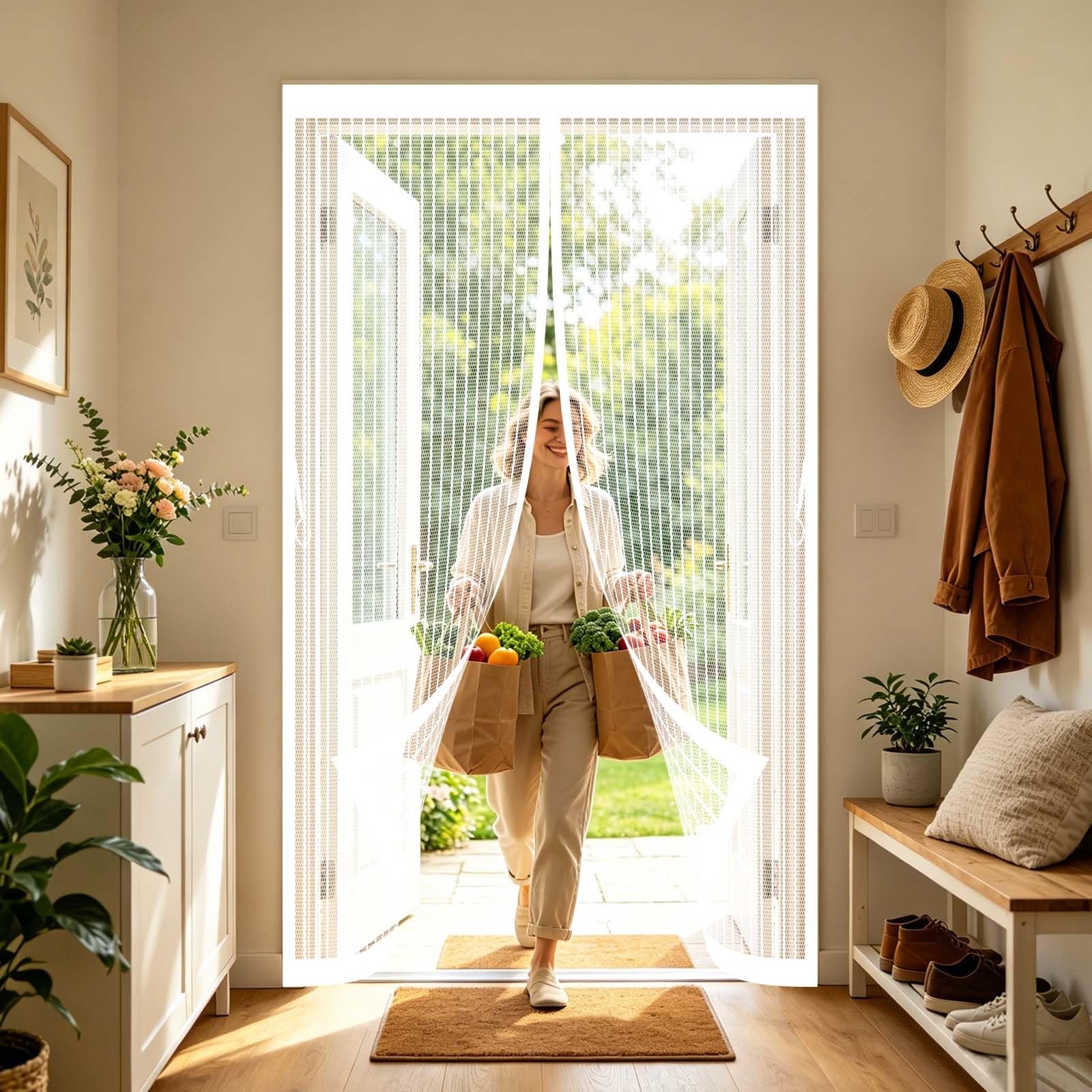 Magnetic Screen Door 132 x 217 cm Full Frame Magic Tape, Magnet Silent Closure, No Punching Magnetic Insect Door Screen Fly Net Curtains for Terrace, Cellar, White
