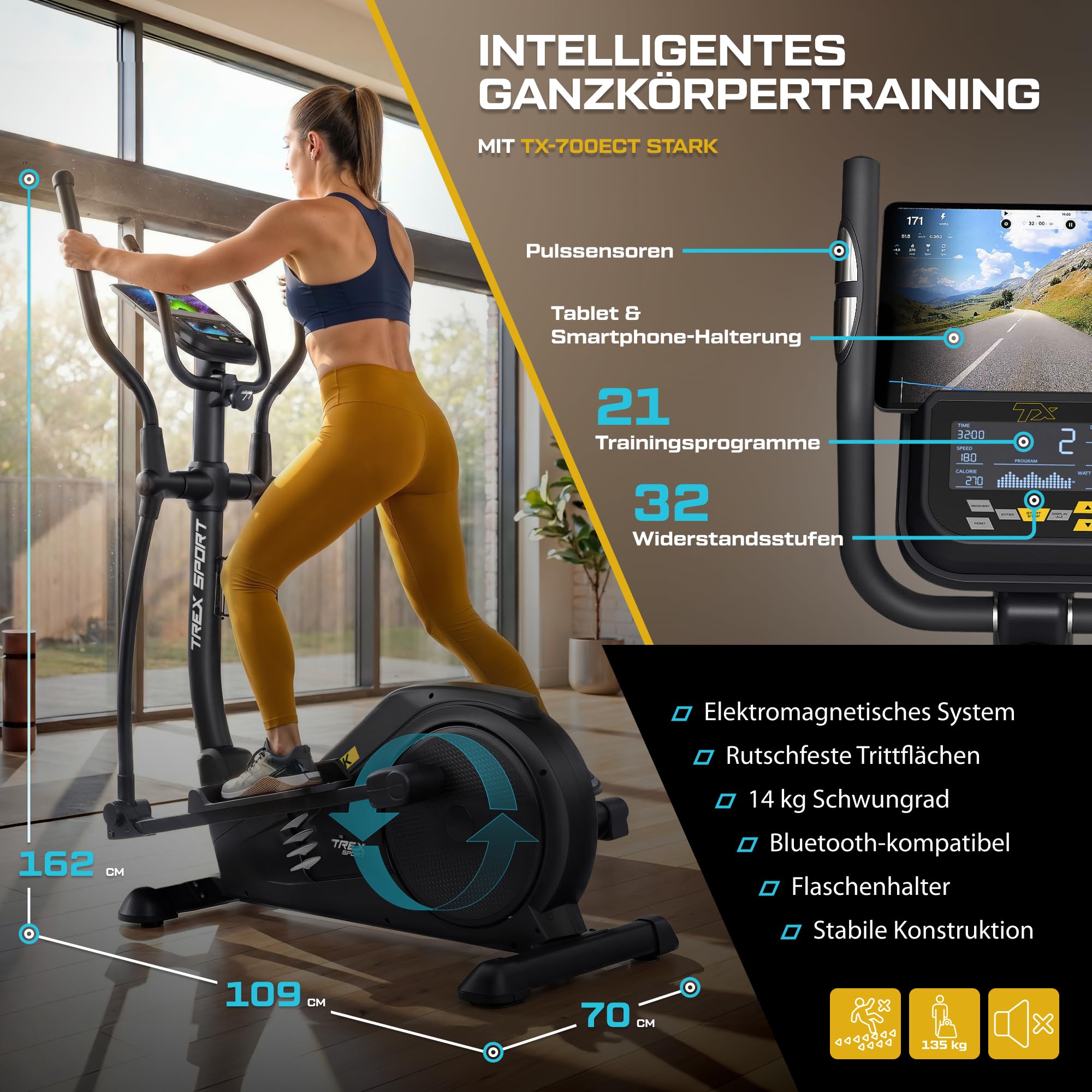 TREX SPORT Crosstrainer für Zuhause STARK bis 135kg Elektrisch 32 Stufen | TX-700ECT Ellipsentrainer mit Computer & Pulssensoren, Magnetbremssystem mit 32 Widerstandsstufen, 21 Programme