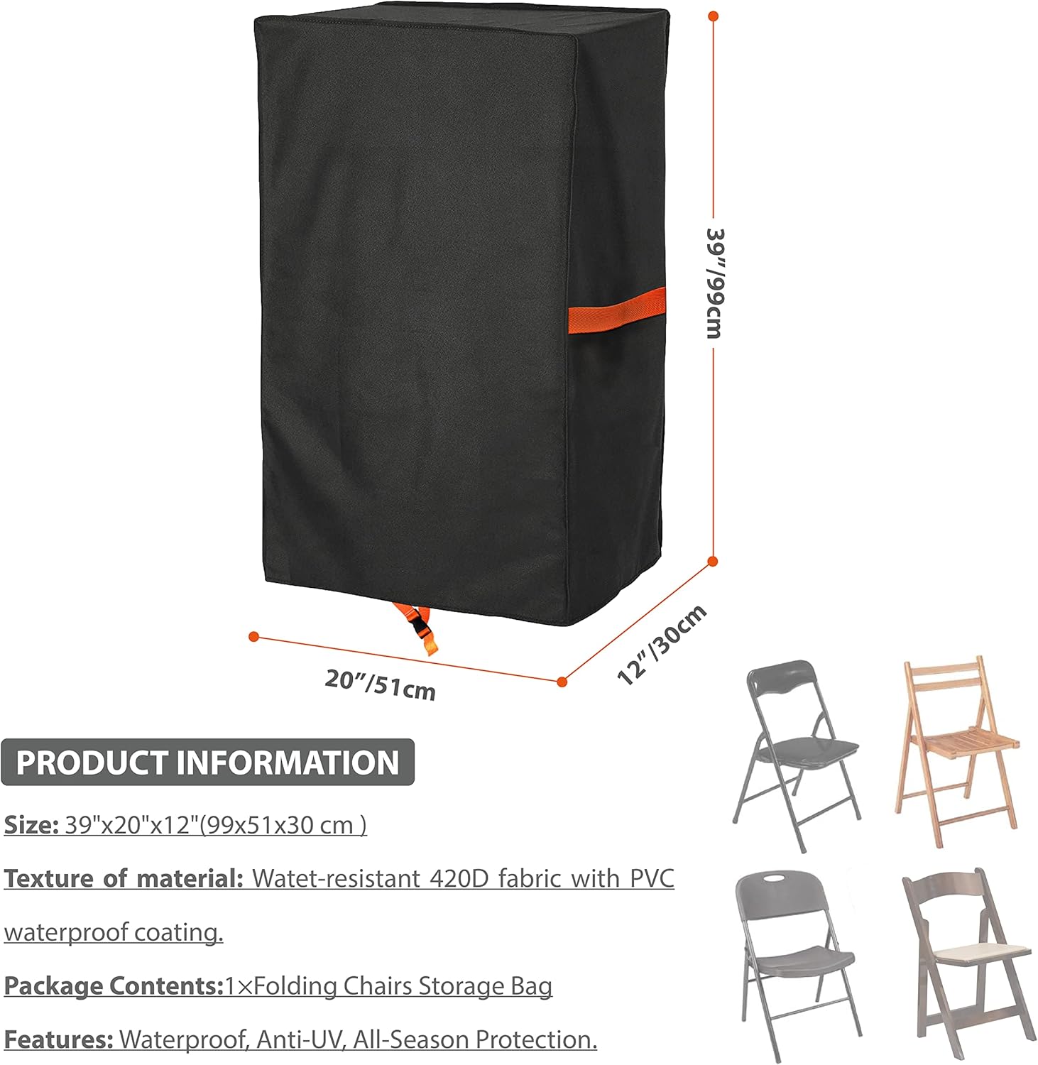 Folding Chair Cover Storage Bag Waterproof – Heavy Duty 420D Oxford Fabric Chair Protector with Handles, Fits Metal/Plastic/Wood Folding Chairs (Holds up to 5 Chairs, 20" L x 12" W x 39" H), 3 Pack