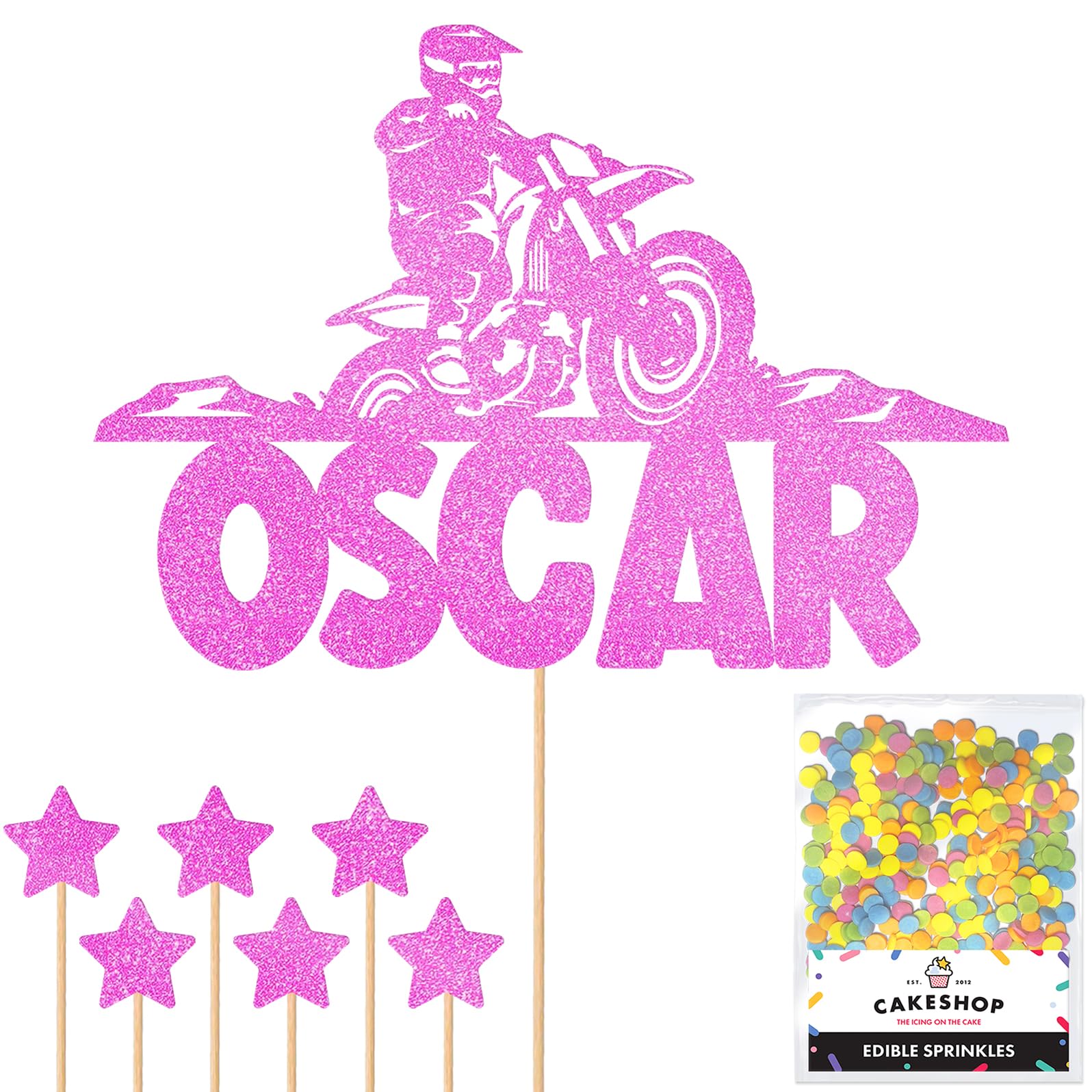 Personalised Dirt Bike Motorbike Racing Glitter Cake Topper - Light Pink Custom Name Glitter Cake Decoration and Sprinkles - Happy Birthday Decorations - Personalised Toppers for Cakes by Cakeshop