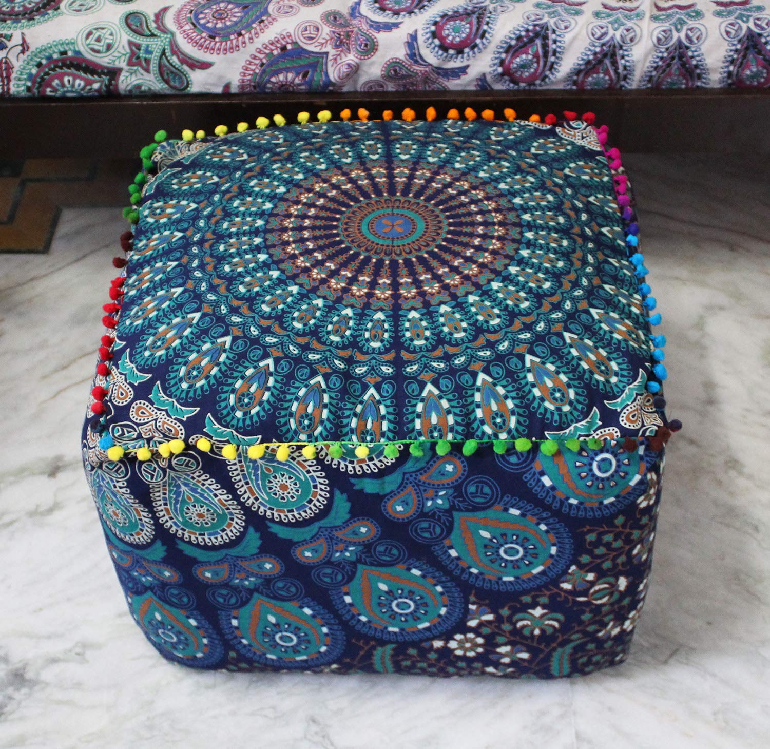CRAFT KALA Indian Square Patchwork Traditional Pouf Cover Indian Living Room Pom Poufs Cover Decorative Designer Ottoman Home Living Footstool Chair Cover Ottoman Decor 20X20X14 inches, Blue Mirchi