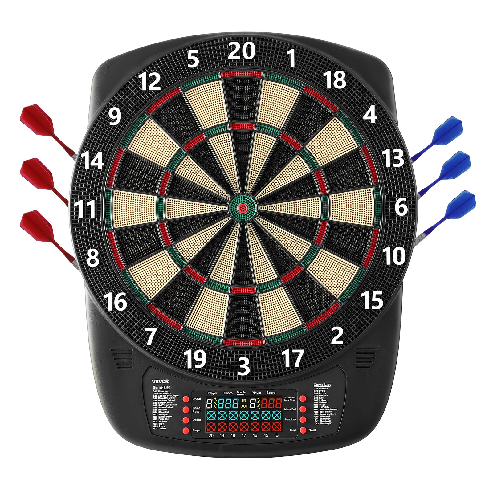 VEVOR Diana Electrónica 43 Juegos 200 Variantes 8 Jugadores 6 Ejes Dardos Marcador LCD PP ABS 517 x 424 x 30 mm
