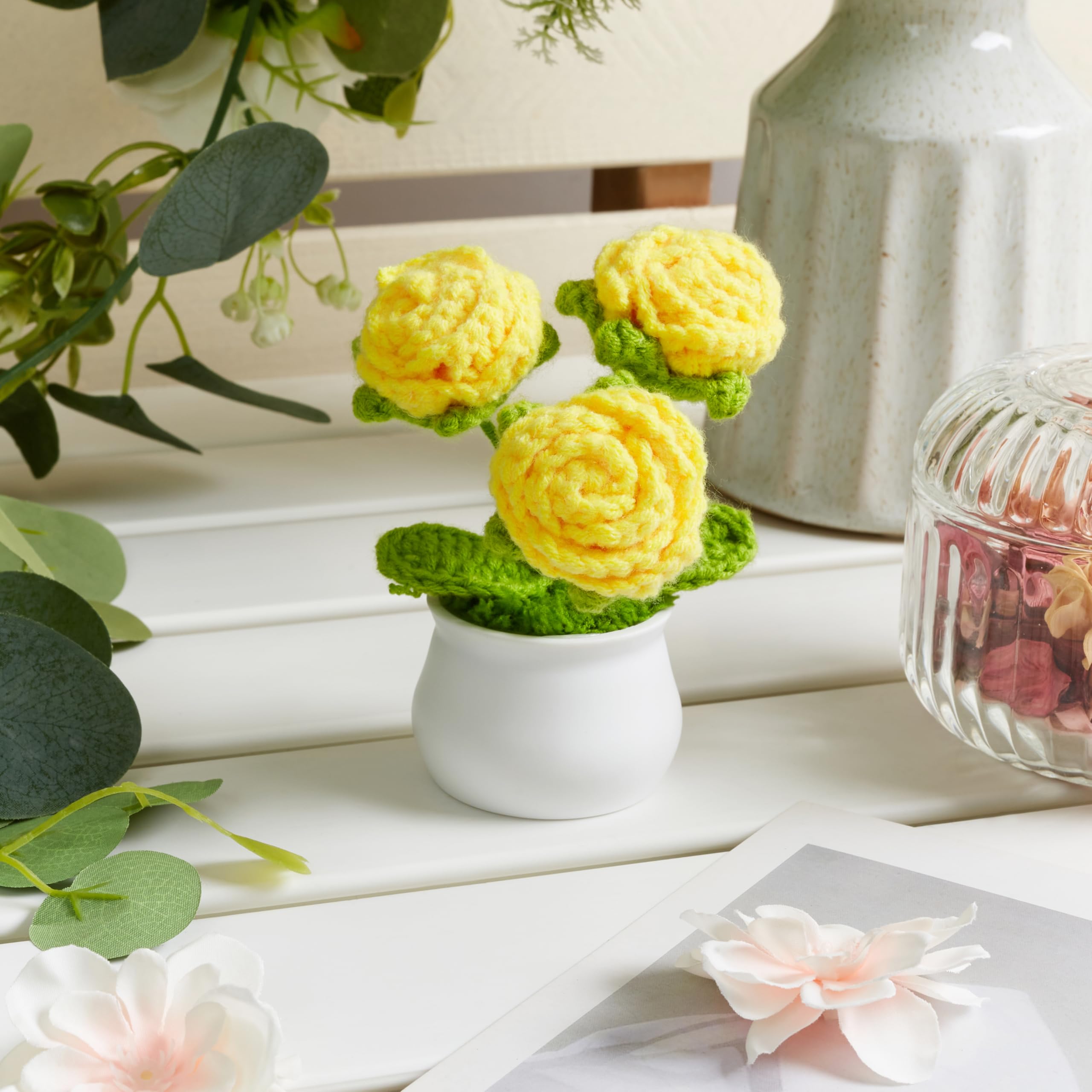 LAIDANLA Crochet Flowers Yellow Roses Mini Potted, Handmade Anniversary Graduation Appreciation Birthday Small Gifts for Women Friend Teacher Coworker Mom Knitted Flower for Desk Car