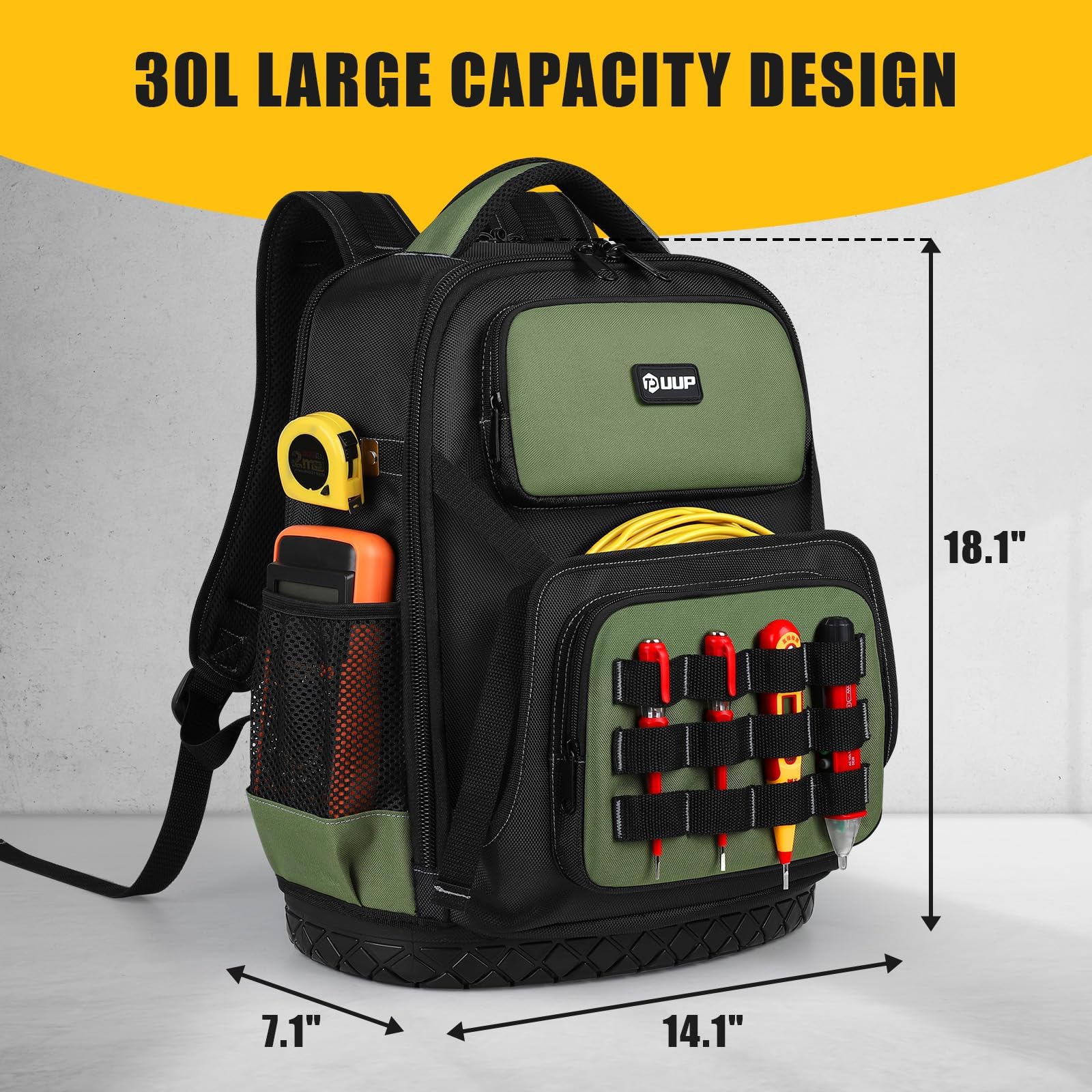 UUP - Mochila de herramientas resistente, organizador grande de bolsas de herramientas vacías con parte inferior dura moldeada impermeable, mochila de almacenamiento para laptop, para técnicos de HVAC