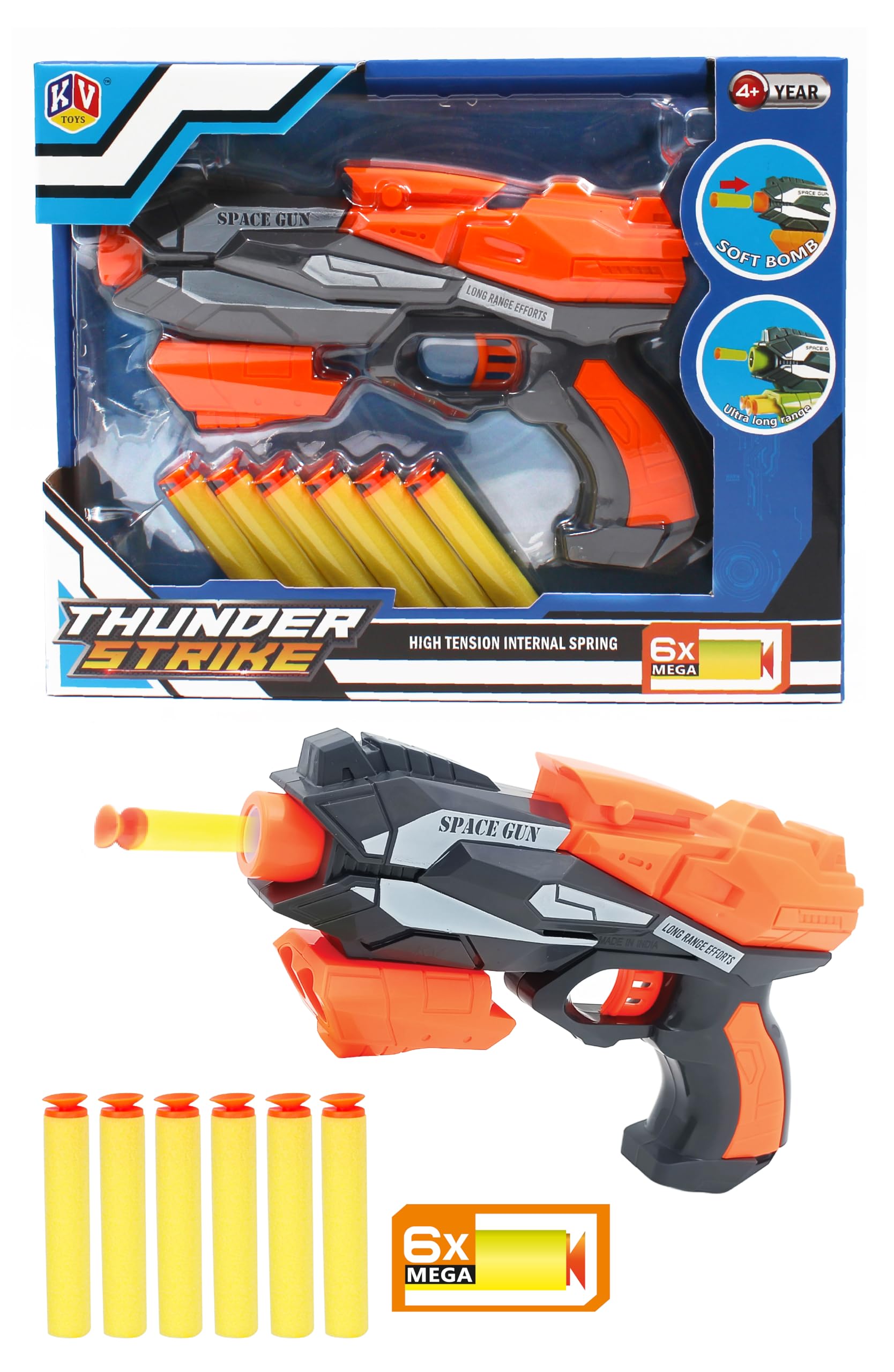 Thunder Strike Bullet Space Gun | Large Soft Foam Bomb with Ultra Long Range | Pull Back Buckle Board Machine | Includes 6 Mega Soft Bombs | Kids Age 4+ Years (Orange)