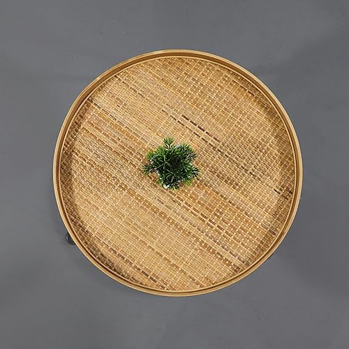Miniatura 2 de Colección PJ Mesa auxiliar redonda de madera y ratán, mesa plegable con trípode de metal, bandeja redonda de ratán, estilo bohemio, mesa auxiliar