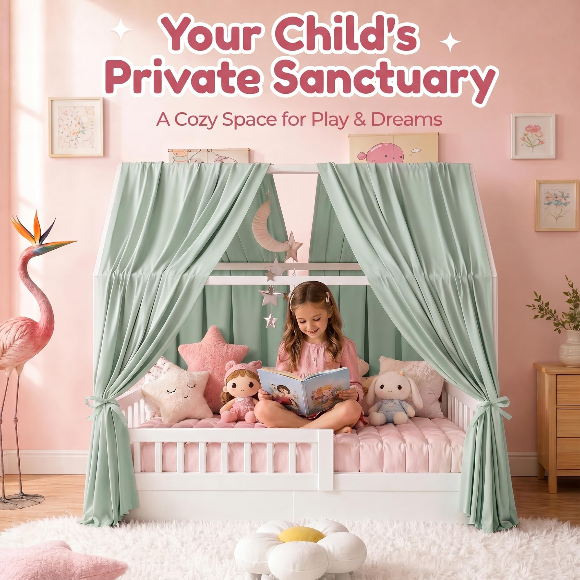 RANJIMA Hausbett Himmel,2 Stück Betthimmel Hausbett aus Musselin, Betthimmel Kinderbett Stoffhimmel für Hausbett Mädchen Jungen Baldachin Kinderzimmer Deko Vorhang Set für Kinderbett 67 x 270 cm Grün