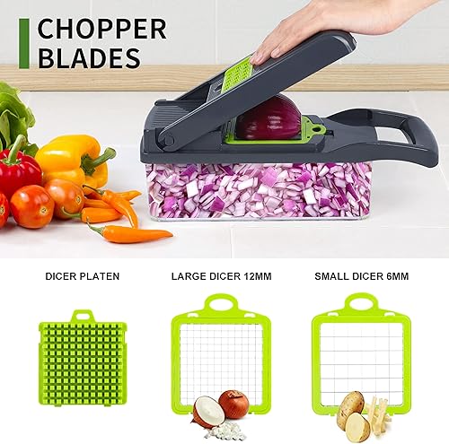 Vegetable Chopper Mandoline Slicer,Veggie Chopper, Multifunctional 10 in 1 Food Choppers, Kitchen Vegetable Slicer Dicer Cutter,Onion Mincer,Cheese,Colander Basket,Kitchen Gadgets (Gray/Green)