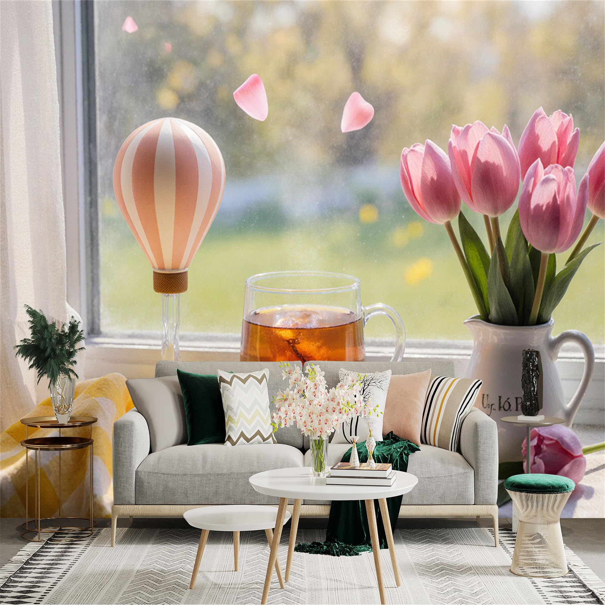 Custom Size Wall Sticker Mural， Pink Tulips in Vase， Afternoon Tea with Biscuits， Romantic Hot Air Balloon， Sunny Window View， for wall Decoration， peelandstick wall Decals.
