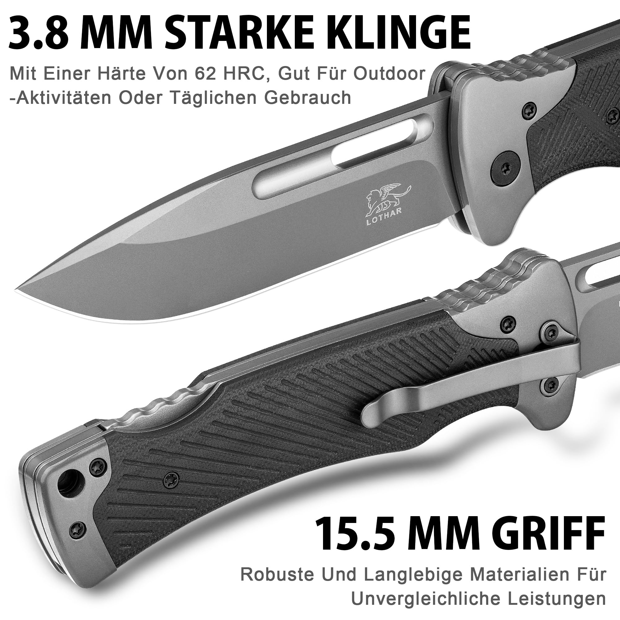 LOTHAR RHINO Zweihandmesser, 10.5cm D2 Stahl Großes Klappmesser