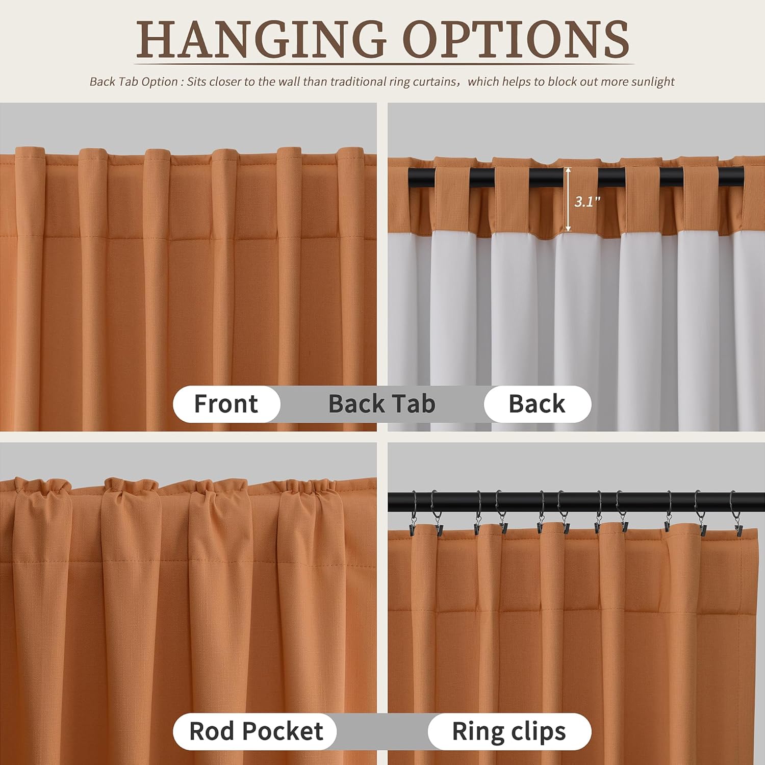 Hokibero Orange 100% Blackout Linen Curtains 96 Inches Long 2 Panel Sets for Bedroom Living Room Nursery Sliding Door Rod Pocket Back Tab Noise Cancelling Thermal Room Darkening Natural Drapes 8Ft