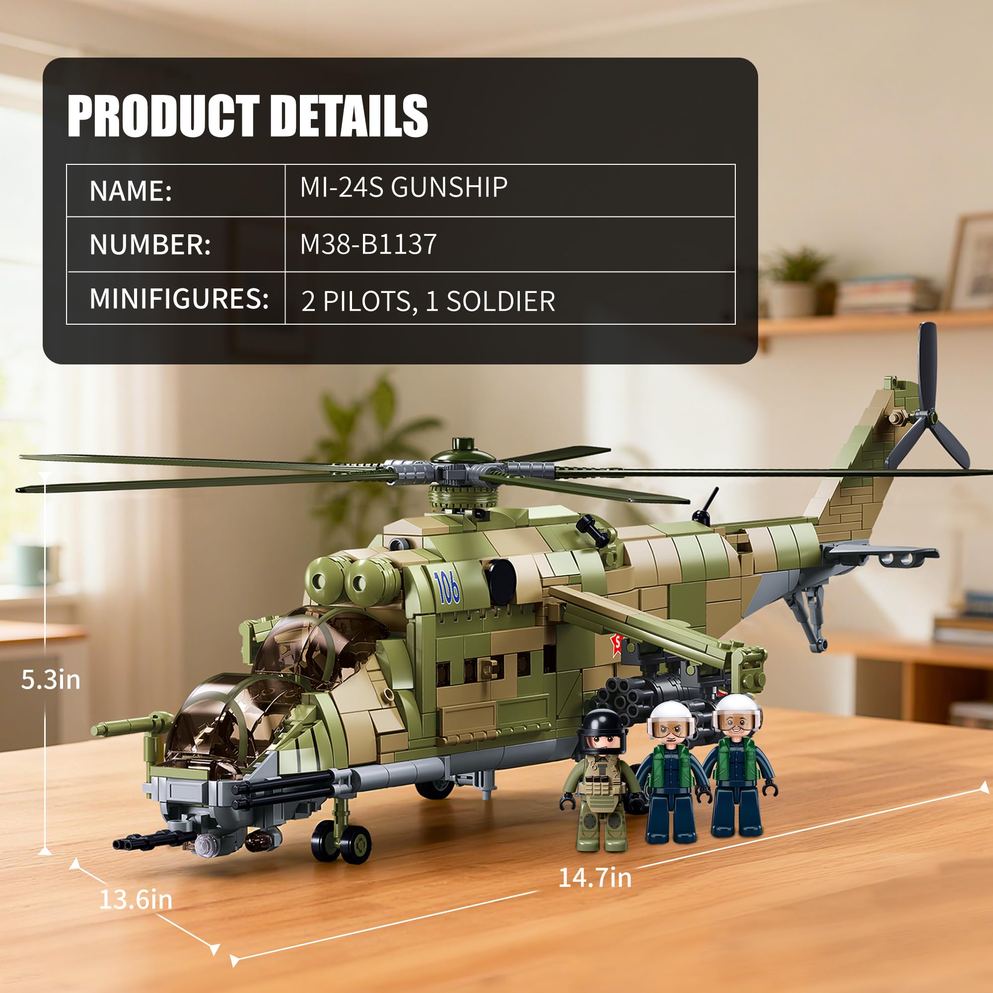 MI-24S - Juego de construcción de helicóptero, juego de ladrillos de construcción de avión militar para adultos, compatible con Lego, kit de modelo de utilidad mediana de la Fuerza Aérea con 3 figuras