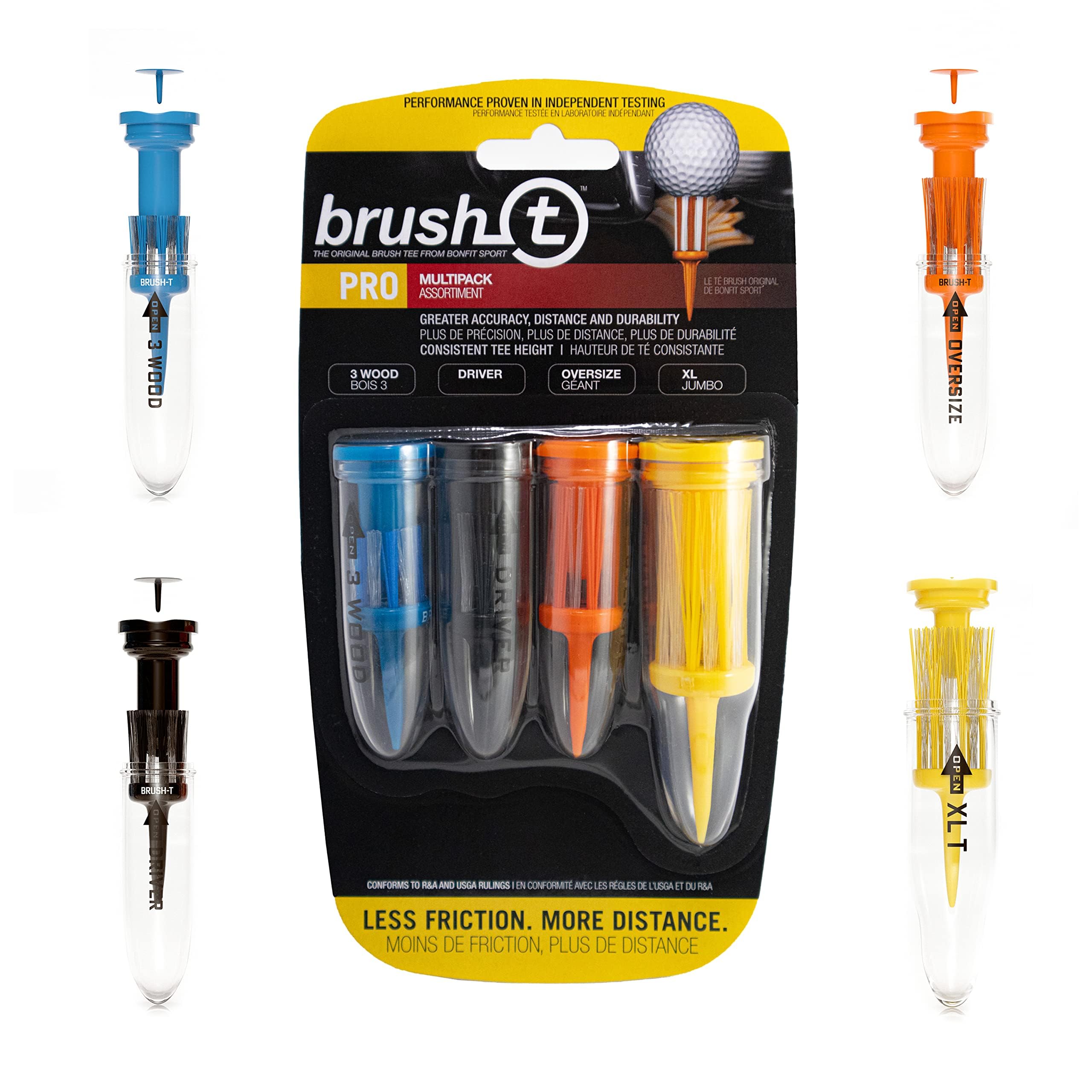 BRUSH T Premium Plastic Golf Tees, Unbreakable Innovative Design, Consistent Height, Perfect Golf Gift for Men and Women. Multiple sizes 2", 2.2", 2.4", 3 1/8" - 4 Pack (3 Wood, Driver, Oversize, XLT)