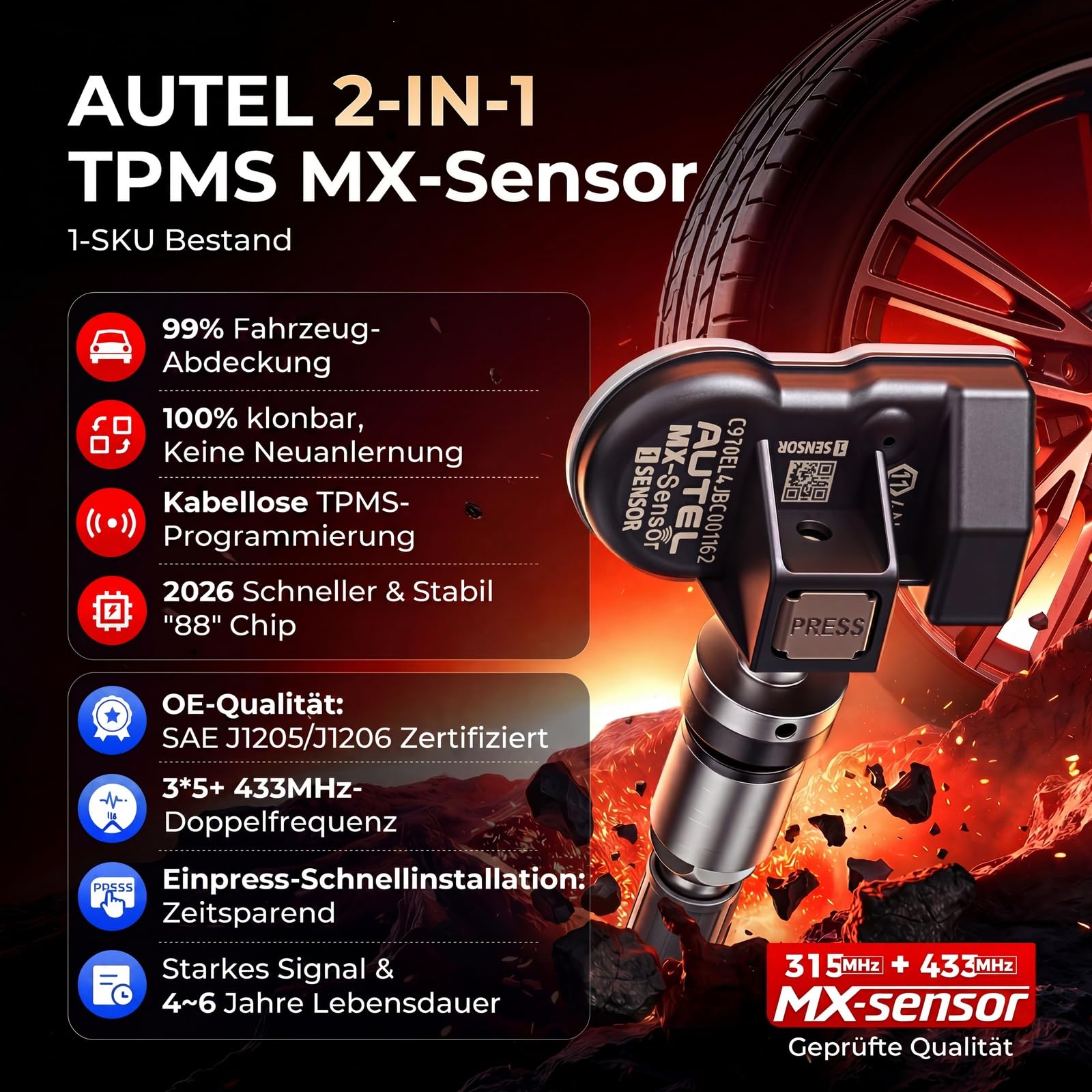 Autel RDKS 2 in1 MX-Sensor Dual-Frequenz, OE-Niveau TPMS-Sensoren für 99% Autos, 100% Programmierbarer Reifensensor, Funktioniert mit TS408S TS501Pro TS508WF TS601 TPMS Werkzeug(Gummiventil, 1 Stück)
