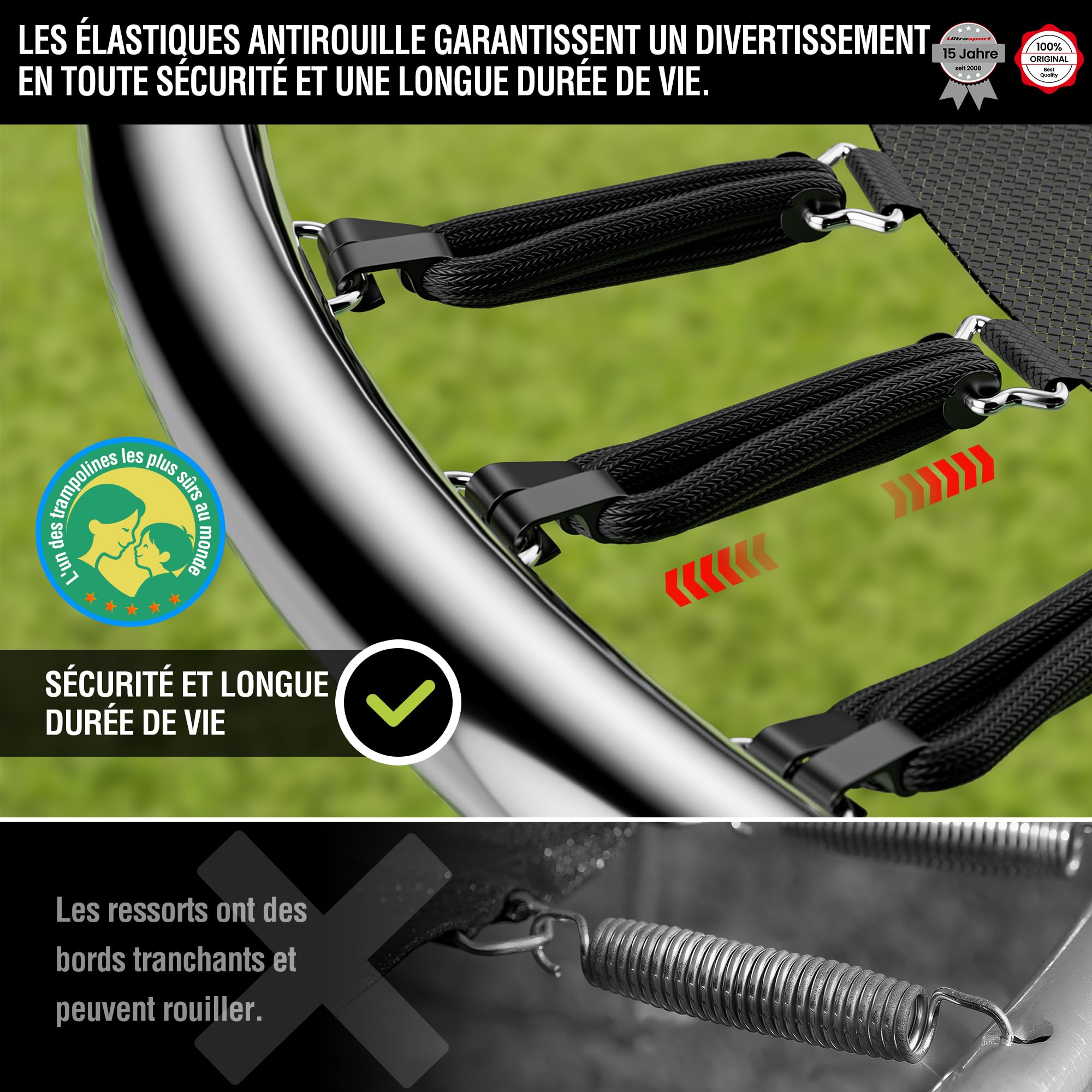Ultrasport Trampoline de Jardin Jumper, Set Complet pour Trampoline avec Tapis de Saut, Filet de sécurité, Barres du Filet rembourrées et revêtement pour Les Bords