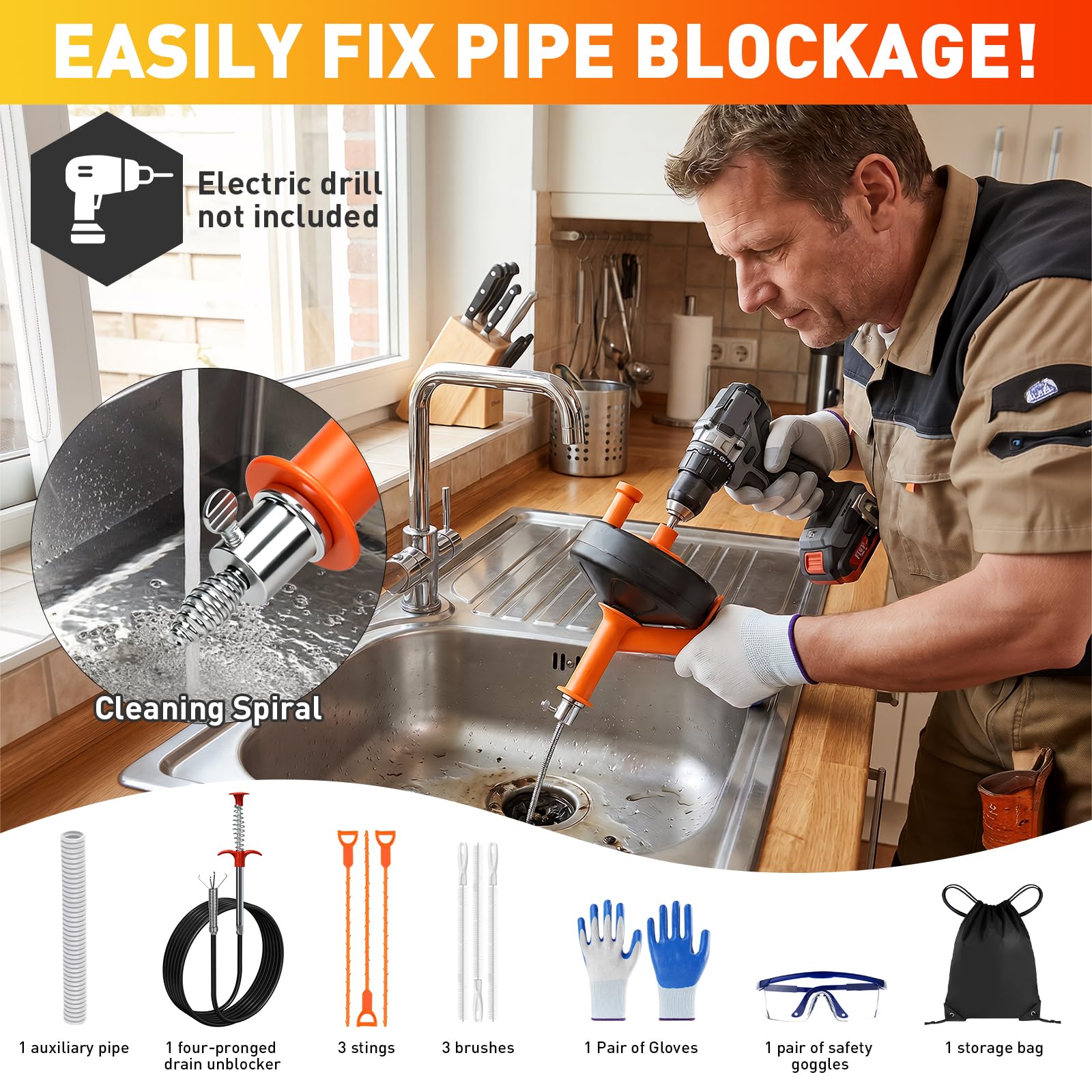 Desatascador Tuberías 13m, Espiral Desatascador Profesional de Acero con Accesorios, Cable Desatascador con Guantes, Cepillos y Garra, Limpieza de Tuberías para Cocina y Baño