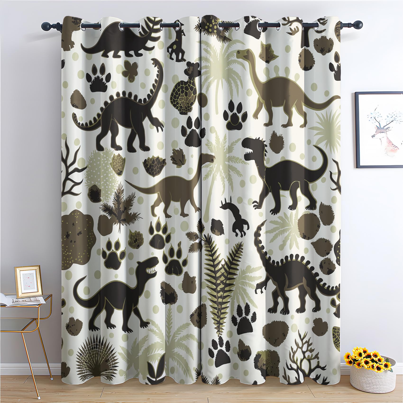 Vorhänge Dinosaurier Kinder, Verdunkelungsvorhang 2er Set - Vorhang Blickdicht Dinosaurier Muster, Thermovorhang für Deko Wohnzimmer Schlafzimmer, Gardinen mit Ösen 175x140 cm (HxB)