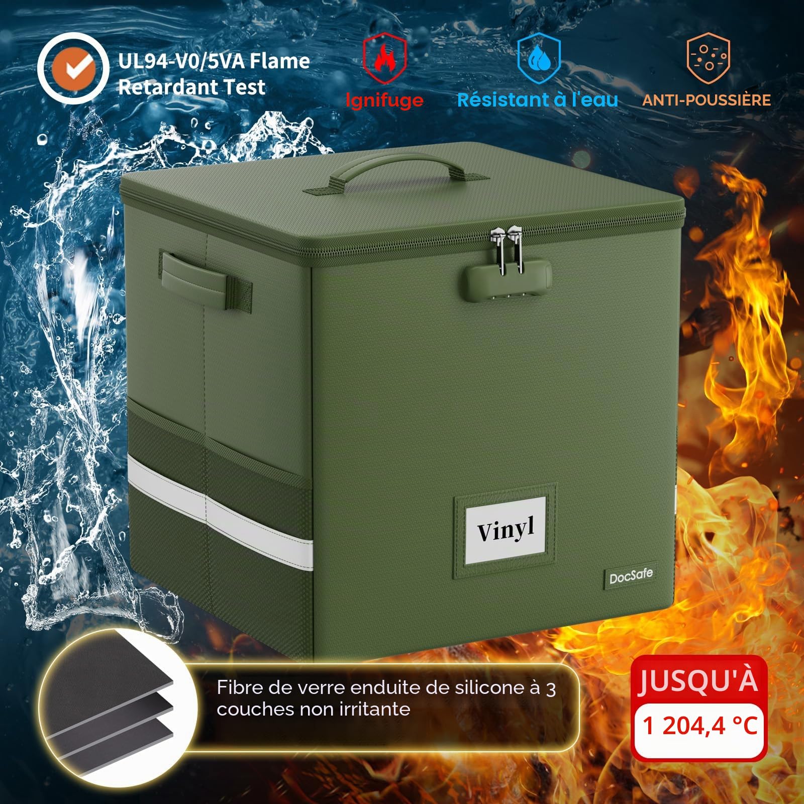 DocSafe Mallette de transport pour disques vinyles résistante au feu avec serrure, vert, 33 x 33 x 33cm, Moderne