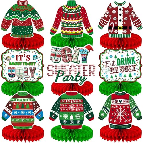 Suéter feo para decoración de fiesta, suéter feo, centros de mesa de Navidad, suministros de fiesta de Navidad, 9 piezas