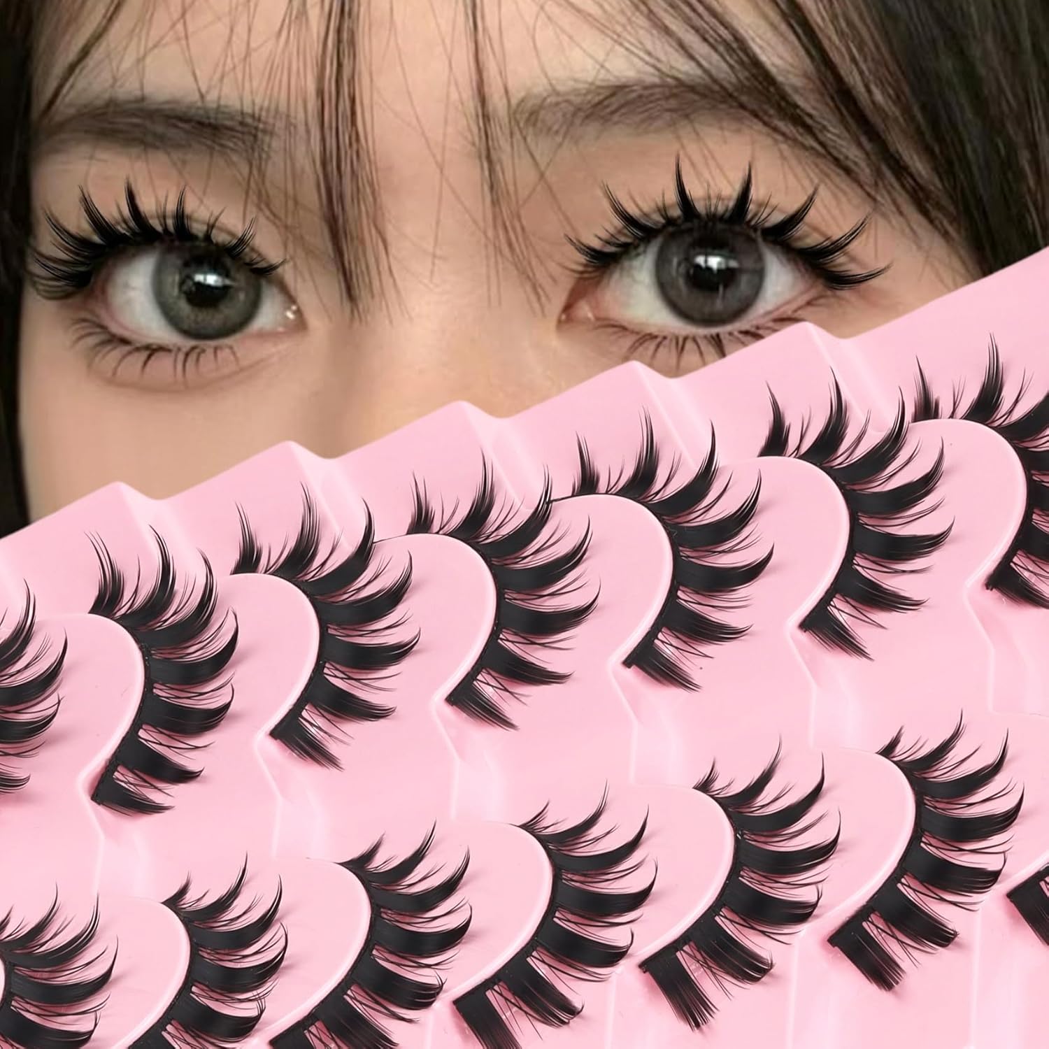 Veleasha Lashes Manga Eyelashes Spiky Eye Lashes Anime Lash 8D Doll Lash Natural Look Soft Wispy Fake Eyelashes 7 Pairs with Cotton Band (Cutes)
