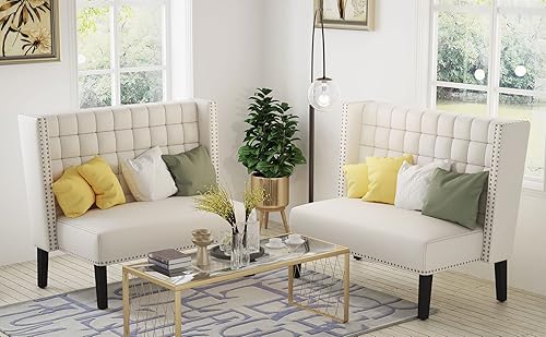 Miniatura 8 de Andeworld Moderno sofá biplaza, banco tapizado de comedor con respaldo para comedor, sala de estar, pasillo o asiento de entrada, color blanco