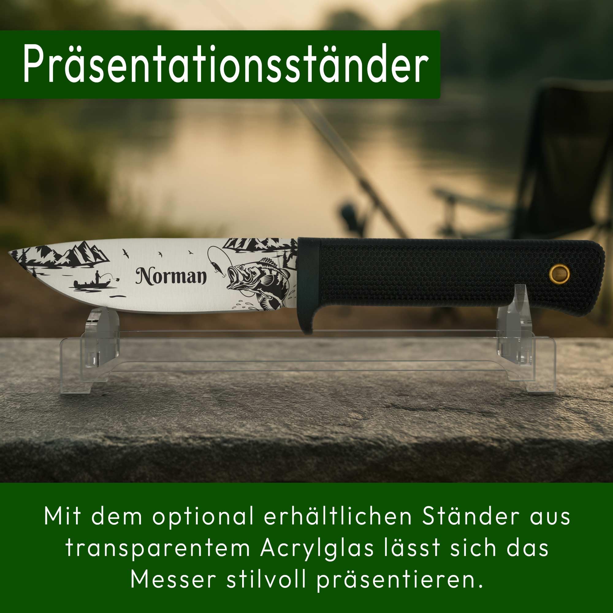 ADAM WILD Angelmesser mit Gravur | Anglermesser & Geschenke für Angler | Mit rostfreier Edelstahlklinge & gummiertem Griff | personalisiert mit Name & Motiv | inkl. Messerscheide | für Angeln