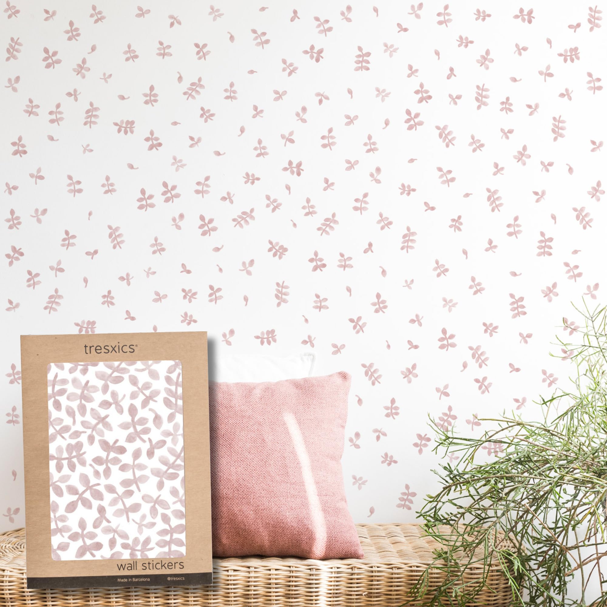 Pegatinas Pared Decorativas Hojas Acuarela | 6 Láminas, 240 Hojas Adhesivas | Vinilo Adhesivo Pared | Efecto Papel Pintado | Cubre 9 m² | TRESXICS (Rosa)