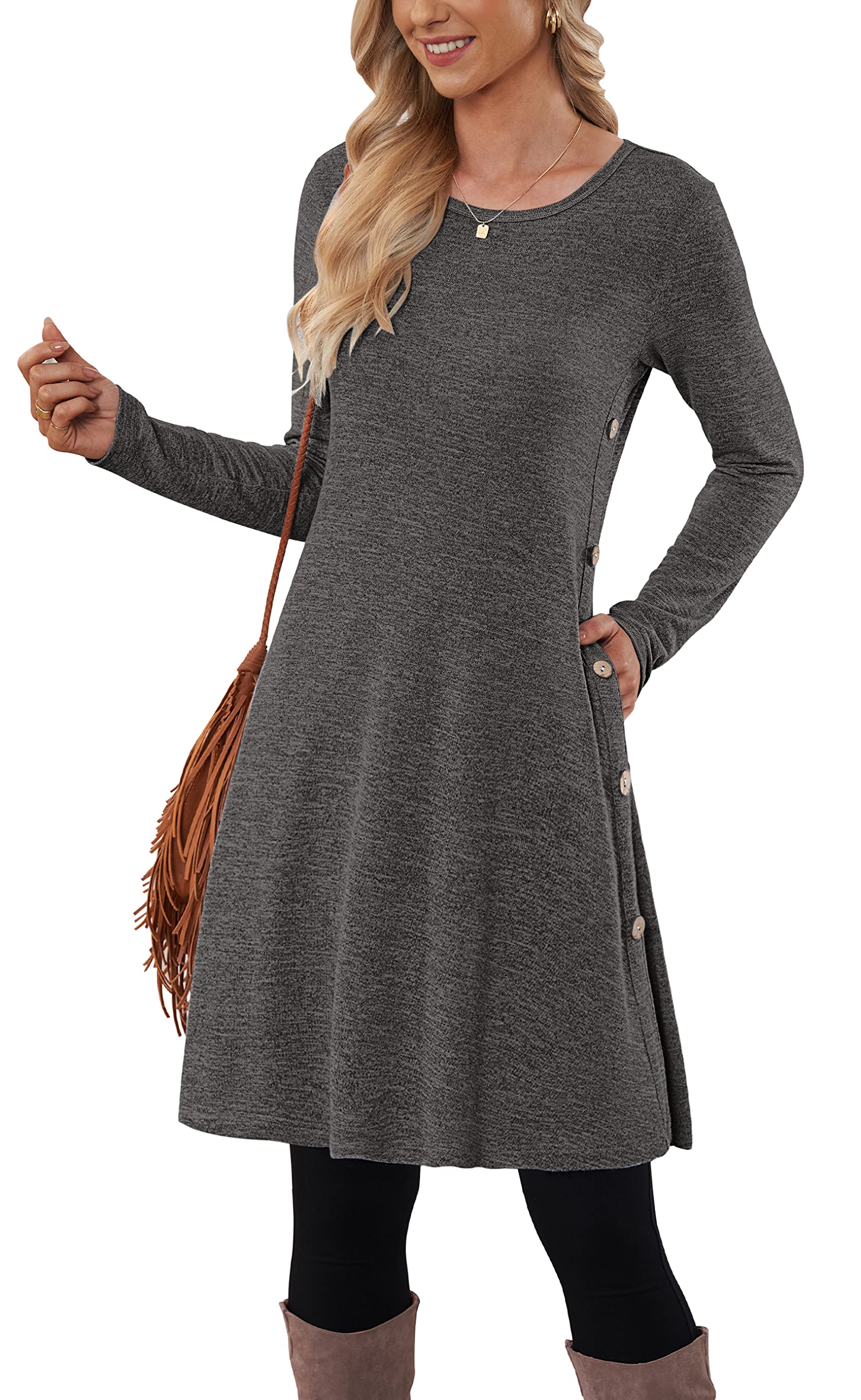 MOLERANI Robe Pull pour Femme à Manches Longues Robe Tunique boutonnée décontractée avec Poches