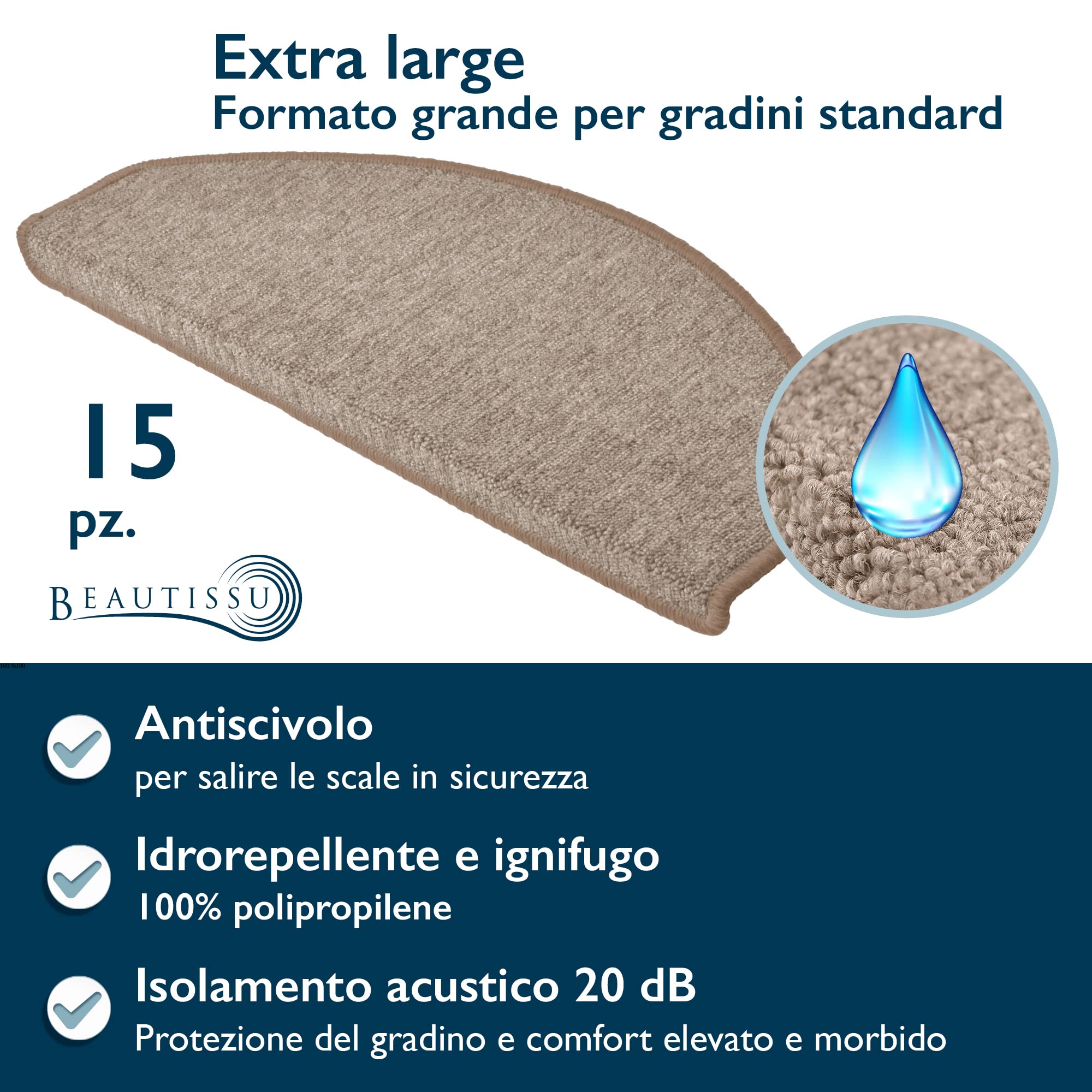 Beautissu Tappeti per Scale Coprigradini ProStair 65x24cm - Set da 15 passatoie Singole per gradini - Tappetino Antiscivolo e Fonoassorbente con Retro Adesivo - Sicuro ed Elegante - Sabbia